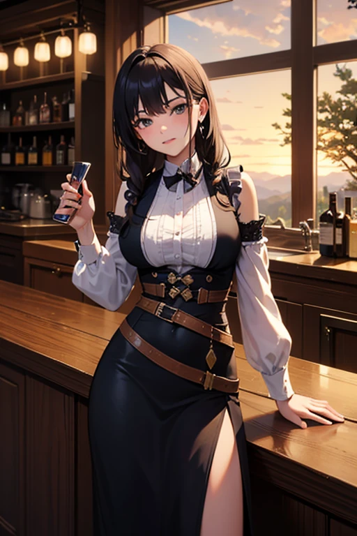 (dynamic angle:1.3, front view:1.1, breast focus:1.3, from below:1.2), (dynamic posing:1.5, sexy posing:1.2, leaning forward), (seductive smiling:1.3), beutiful woman, 1girl,fullbody, happy, (with sparkling eyes and a contagious smile:1.2), red face, closed mouth, beautiful detailed eyes, super detailed skin, backlighting, bare shoulders, black background, black dress, black gloves, black hair, breasts, dress, earrings, fingerless gloves, floating hair, floral print, flower, gloves, gold earrings, gold hairband, hair flower, hair ornament, hairband, holding, holding two-hands knife weapon, jewelry, small breasts:1.2, long hair, looking at viewer, off-shoulder dress, off shoulder,blue eyes, short hair with long locks, sidelocks, solo, spikes, thighs, two-sided dress, two-sided fabric, weapon, fighting stance , face, close up, from above, highest quality, high resolution,Real World, Natural light,perfect Natural light,looking at viewer,The bar is beautiful, with colorful bottles of alcohol in the background and a soft glow from neon lights.