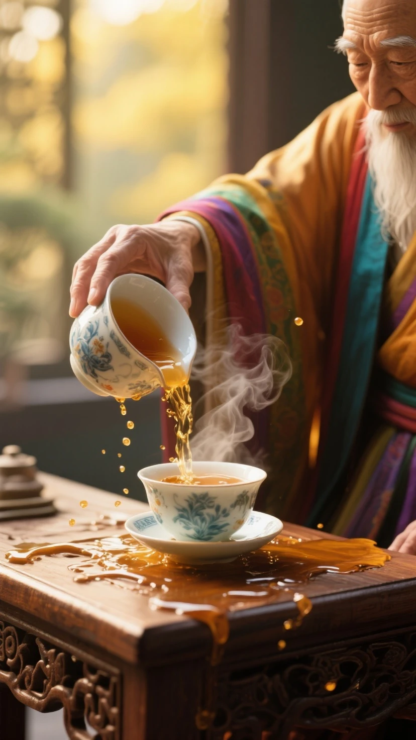 A close-up of the monk’s hands holding a teapot, pouring tea into a small cup. The cup is already full, and tea is spilling over the sides, dripping onto a wooden table. The wealthy man is seated across the table, leaning slightly forward.
The wealthy man, now visibly frustrated, raises his hand slightly as if to stop the monk. His expression is one of shock and frustration as he stares at the overflowing cup. The monk, still calm, pauses mid-pour and looks at the man with a gentle, understanding expression. The spilled tea forms a small puddle on the table, reflecting the light from the room.