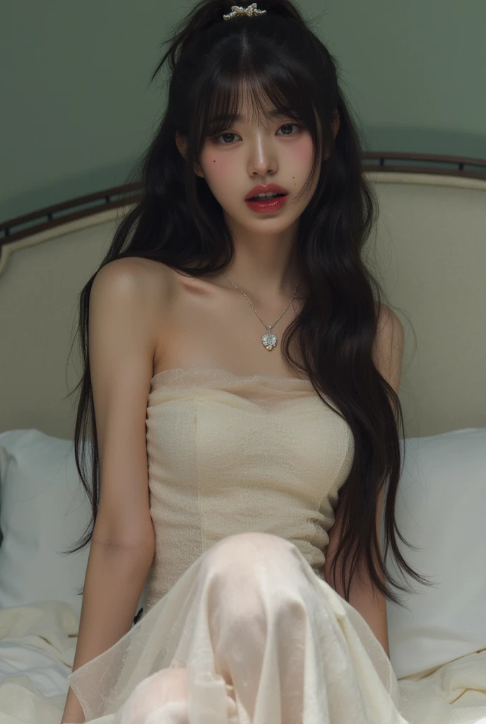 (((best quality))),(((ultra detailed))),(((masterpiece))),illustration,1girl,solo,slim,thin,small breasts,flat chest,shoulder length straight hair,cheongsam style lace nightgown, pitch-black bedroom,sticking out tongue, stunning appearance, smooth pale skin,full red lips, playful expression, elegant stylish nightgown, delicate lace material, traditional Chinese feel, tight-fitting gown, slender figure curves, dark mysterious room, small nightlight, teal wall, black satin comforter, small dresser nightstand, ethereal otherworldly creature, beauty darkness blend, mysterious atmosphere,(((close eyes,open mouth,female orgasmic,ahegao,blush))),sitting on bed,((from front,upper body)),(spread legs apart:1.3)