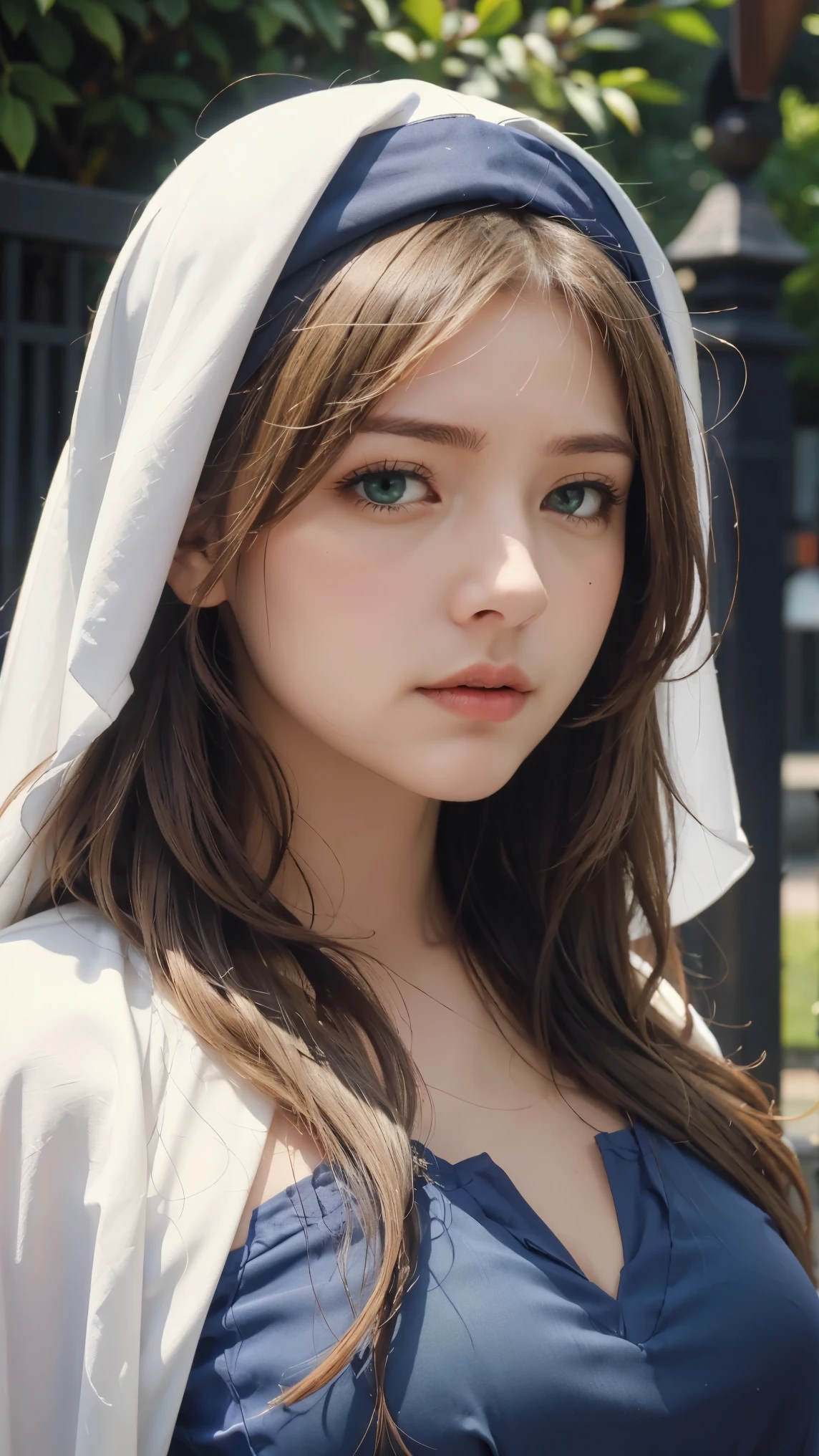 masterpiece,best quality,high resolution,8k,(( portraits)),(Head Magnification ), original photo ,real photo,digital photo,(Medieval Fantasy Woman),( Fantasy Sisters ), 25-year-old female,(Inky green gradation of hair),Long green hair,Red Eyes,(Long hair with green and gray gradient,green),(Big Breasts),Luxurious linen decoration, lips parted , Create Attractive, Glamorous Lips ,((grimace)),Serious and arrogant,Serene and handsome,(Medieval nun costume,cross,Intricate Garment Patterns), photo pose ,Medieval Characters Medieval Fantasy Style,Night City Background,oc rendering reflective texture, (Bokeh), () (cute, cute笑顔, Upward gaze), , (Heavy chest:1.1, ), Big Breasts), (Heavy chest:1.1, ),,,Cowboy Shots,