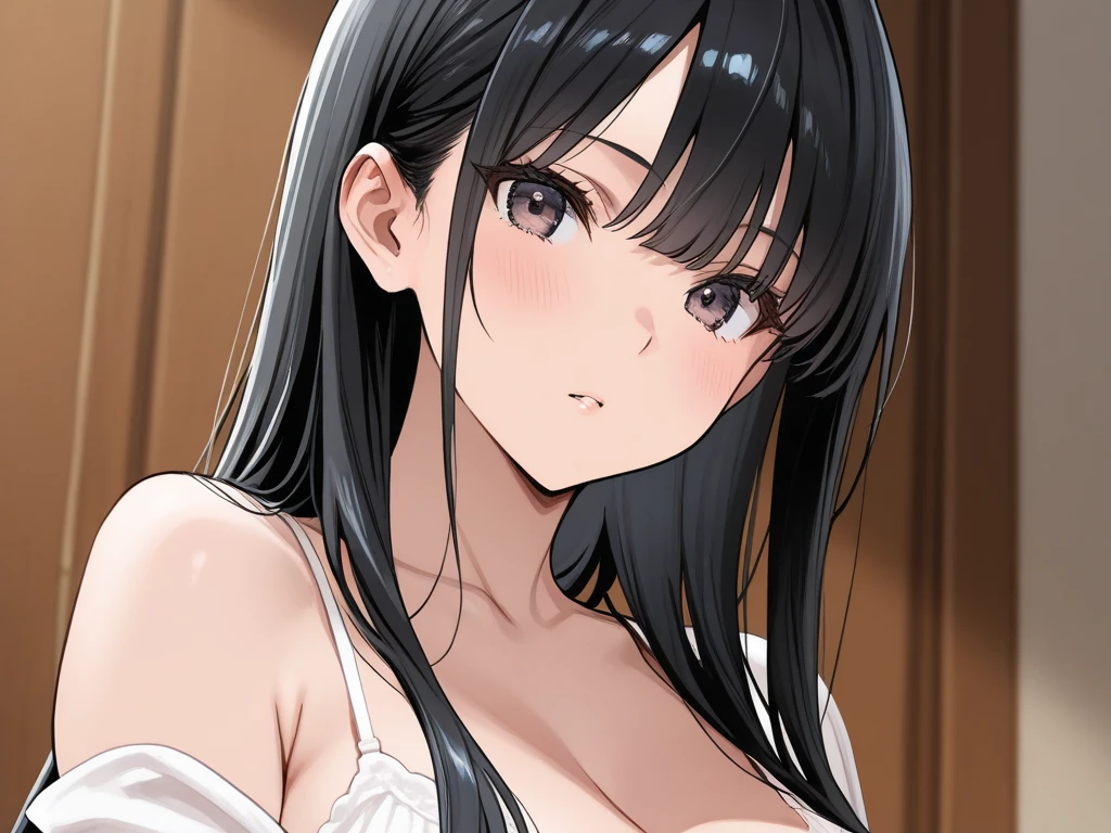 Cute , mature women, chubby cheek,realistic skin ,realistic breast, saggy breast, nipple out,muted colours, cold lighting, pale white skin, mature women,black hair, long hair, (hair over one eye:1.4), Messy hair,straight hair,hair between eyes ,sleepy eyes ,beautiful,pucker lips,charm,pubic hair pussy,dense pubic hair, cute shy blush on
