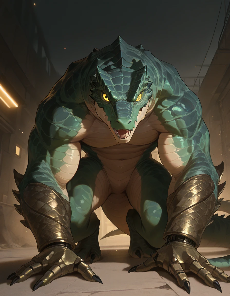 masterpiece, best quality, amazing quality, very aesthetic, absurdres, newest, scenery, extreme detail, 8k, detailed eyes, yellow eyes, by Riolutiny, anthro, reptile, male, scalie, lizard, solo, extremely detailed scales, yellow eyes, bara, the Blue tongued Skink and the green tailed skink hybrid, dark-green body, thick tail, glowing iris, strong, thick scales on arms and legs, marked jaw, alien bar background, looking at viewer, front view, In an alien bar, a towering lizardman stands out among the patrons. His body is muscular and covered in dark, textured scales that shimmer under the dim lights. Mechanical limbs replace his natural arms, showcasing intricate designs with glowing accents. Scars run along his torso and limbs, hinting at a fierce past. The bar is filled with strange, colorful creatures and futuristic decor, enhancing the otherworldly atmosphere.