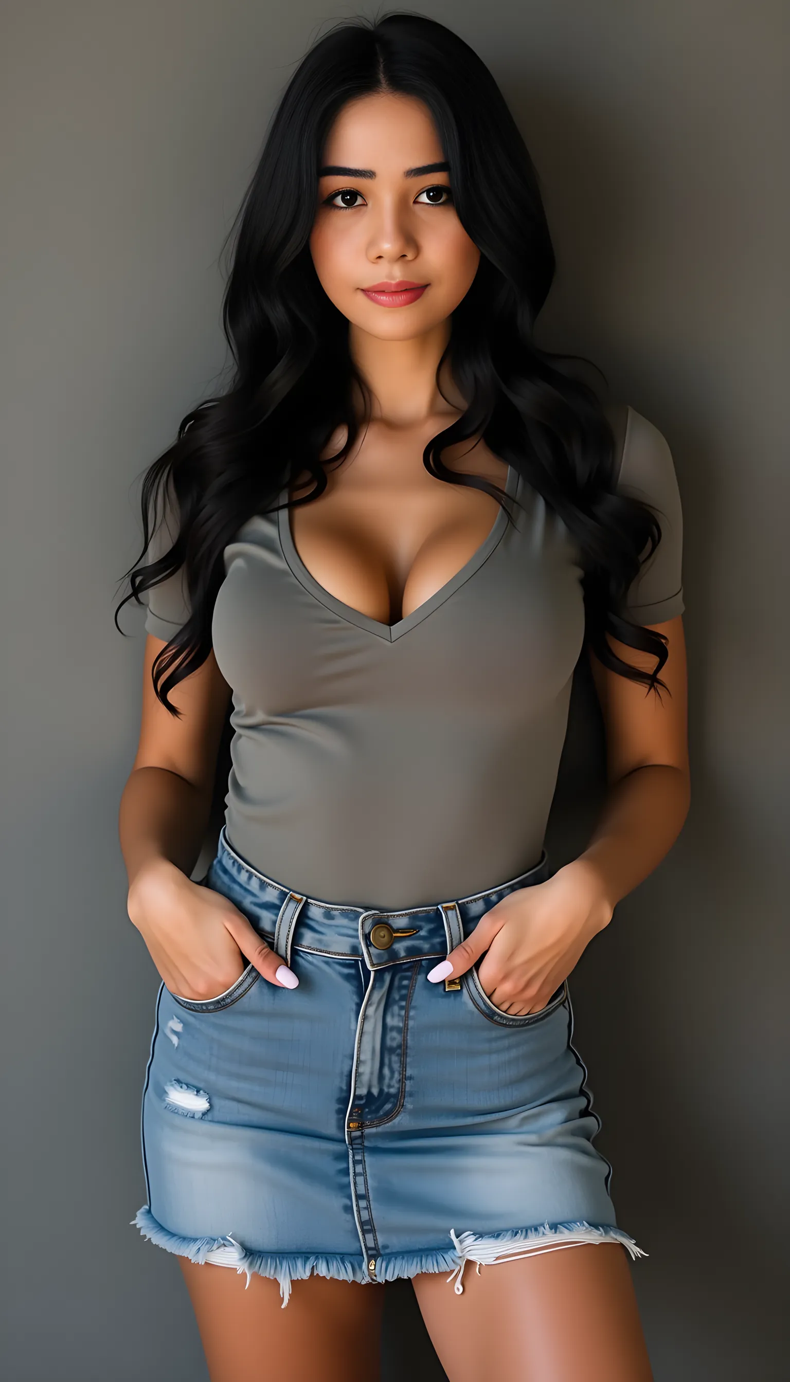 8k, hyper resolution, extremely detailed, A highly detailed, full-body 3D rendering of a realistic chinese young woman friendly expression, She is standing confidently, smiling, She has long bluehair, wavy and shiny hair that frames her face. She is topless, wearing tight short tight denims that accentuated her slim body, wearing black high heels. black background, drawing attention to its cheerful and elegant appearance. Her skin is smooth, naturally glowing and healthy, and her eyes are bright and expressive. The overall style is a mix of realism and a hint of cartoon features, giving it a lively look. use soft photography lighting.