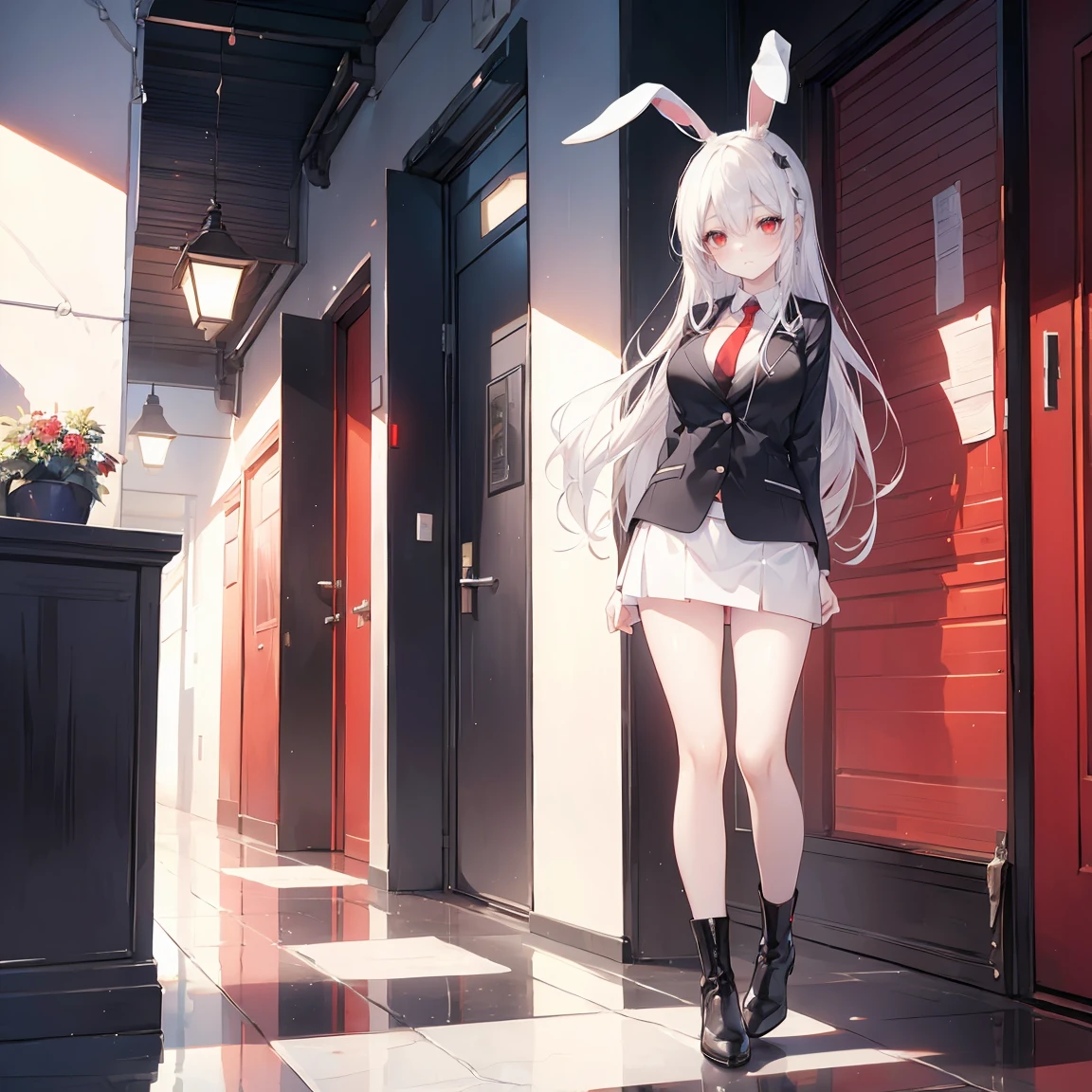 One girl wearing a full-body rabbit costume