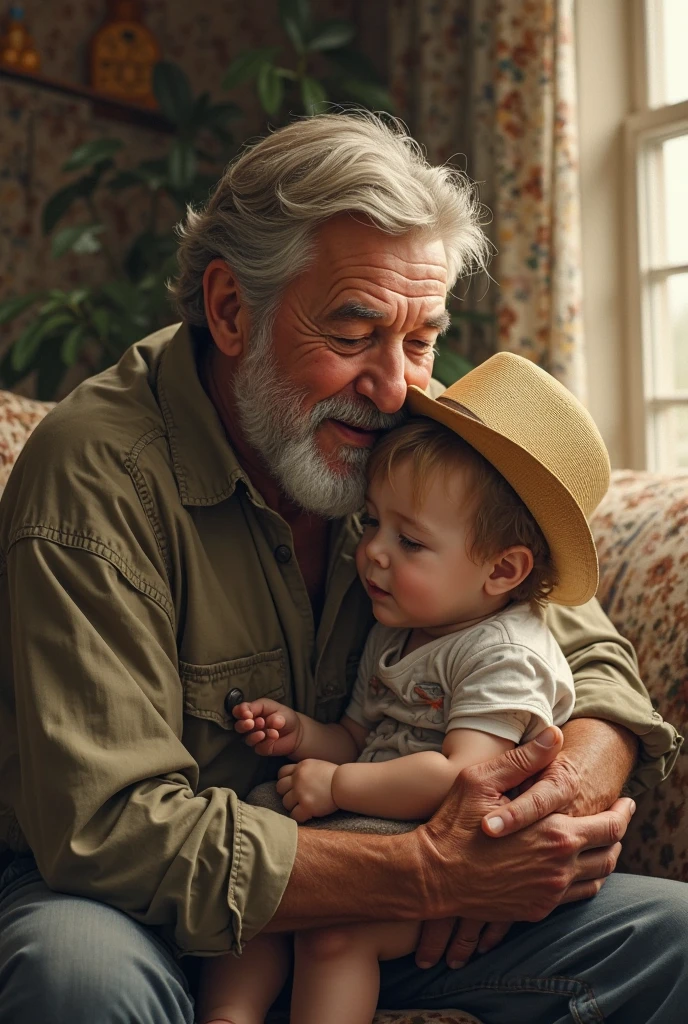 (best quality,highres:1.2),(realistic:1.37),(portrait),(oil painting),(warm colors),(soft lighting),loving father,aging gracefully,wise eyes,kind smile,caring hands,wisdom and experience,graying hair,strong connection,paternal bond,gentle expression,wrinkles of a life well lived,contentment and love,fatherly love and guidance,affectionate gaze,rich textures and brushstrokes,stately presence,emotionally resonant,deep sense of love and pride,parental love and protection,stability and strength,unspoken words,unwavering support,father's wisdom and guidance,weathered hands and lines of laughter,lovingly cradling a child,lines that tell a story,serenity and warmth,unbreakable bond,fatherly figure standing tall,memories and stories etched on his face,heartwarming presence,eternal love and care.