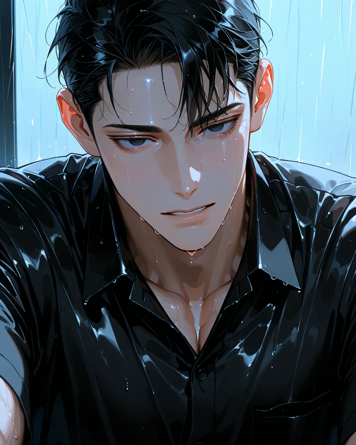 absurdres, highres, ultra detailed, HDR, master piece, best quality, perfect eyes, defined appearance, Joo Jaekyung, black hair, slicked back, ruffled, expressive gray eyes, Jinx, solo, sexy man, handsome, smirking, horny, toned, black tight T-shirt, erotic, sensual, soaked, raining, street