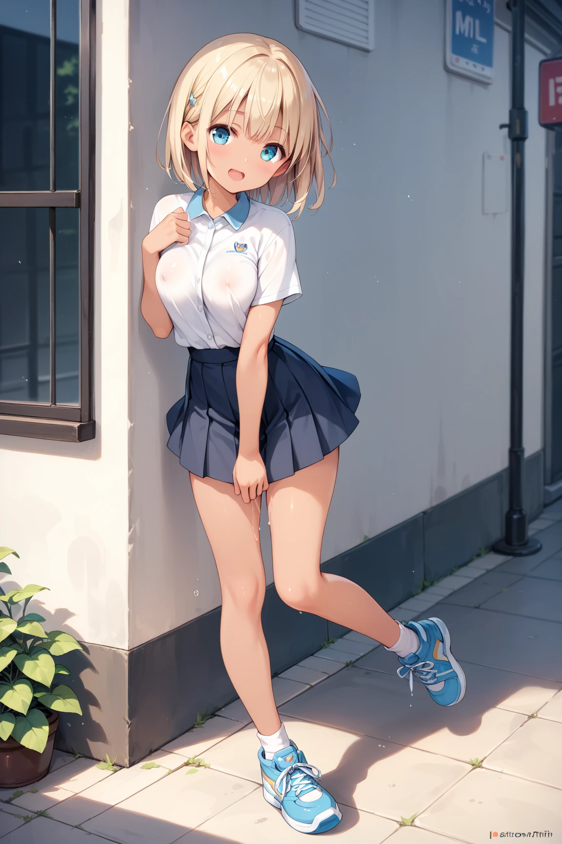 sticking to shirt、Her are visible through her shirt、Blue flared skirt、She lifts her skirt to show her cute white underwear