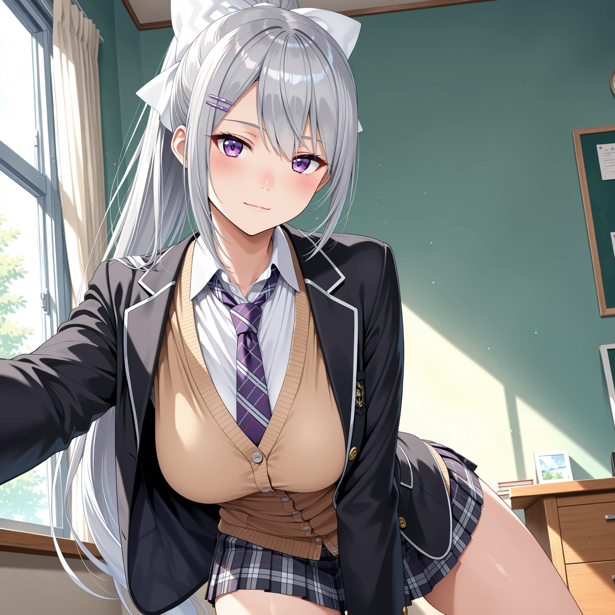 masterpiece,best quality, amazing quality, highres, absurdres, very aesthetic, high resolution, ultra detailed, perfect details,nijikaede,large breasts,purple eye,grey hair,long eyelashes,long hair,ponytail,white bow,hair pin,nijikaedecos,white shirt,purple necktie,plaid necktie,brown cardigan,button cardigan,blazer jacket,black jacket,open jacket,miniskirt,pleated skirt,plaid skirt,light smile、tsurime,anime keyvisual,medium breasts,thick thighs,hanging breasts,look at viewer,