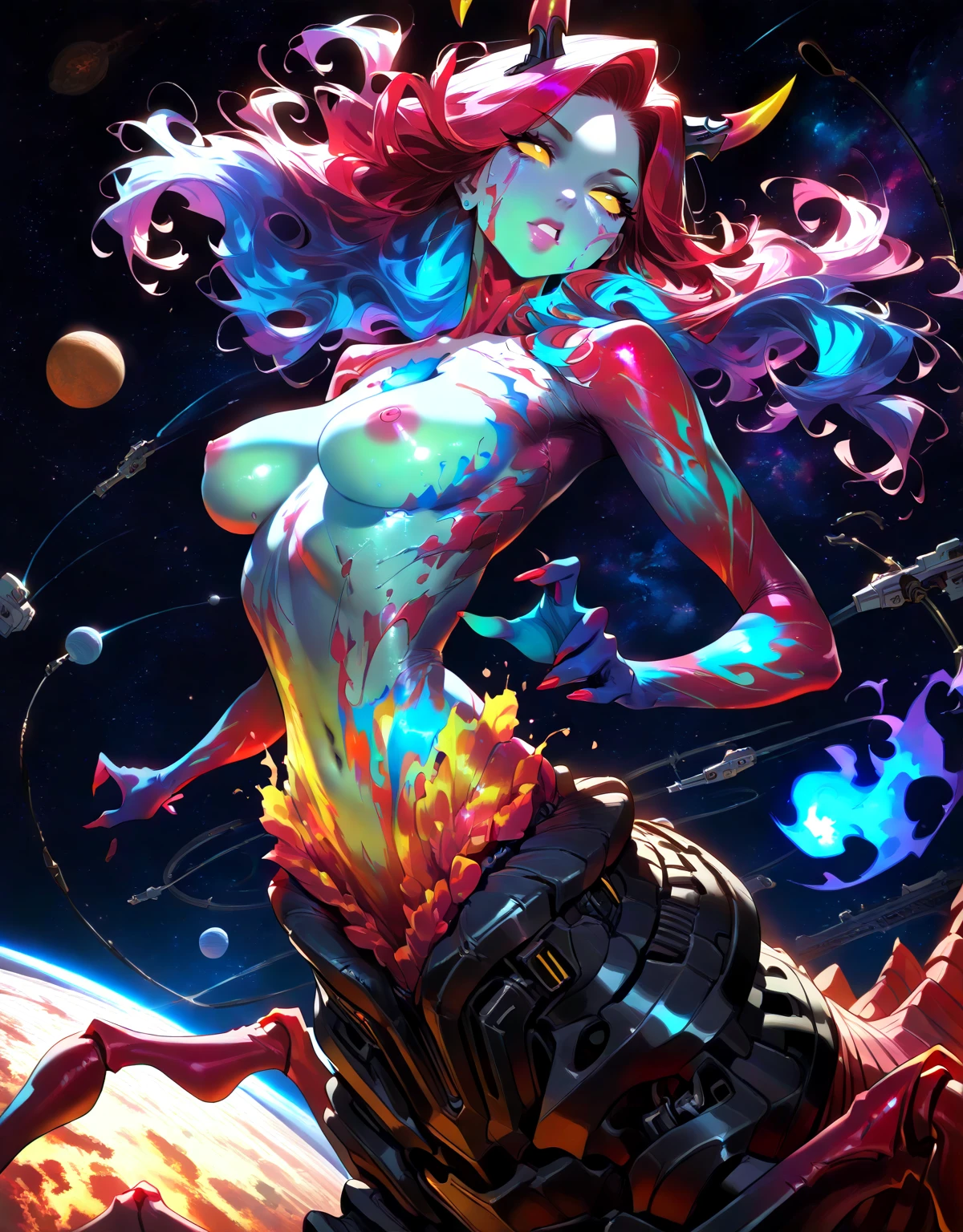 Beautiful nude woman with massive breasts. The breasts are not covered by anything. Red full lips. shiny white stockings with a belt. (masterpiece, best quality:1.3) YunaFF10, 1girl, solo, heterochromia, Very long very curly hair with neon white color. The woman has purple angel wings. Wings are very large and stretched over the woman's head. Woman is standing on alien planet where volcano eruption is everywhere. on sky we can see big alien blue planet and big alien war ship.