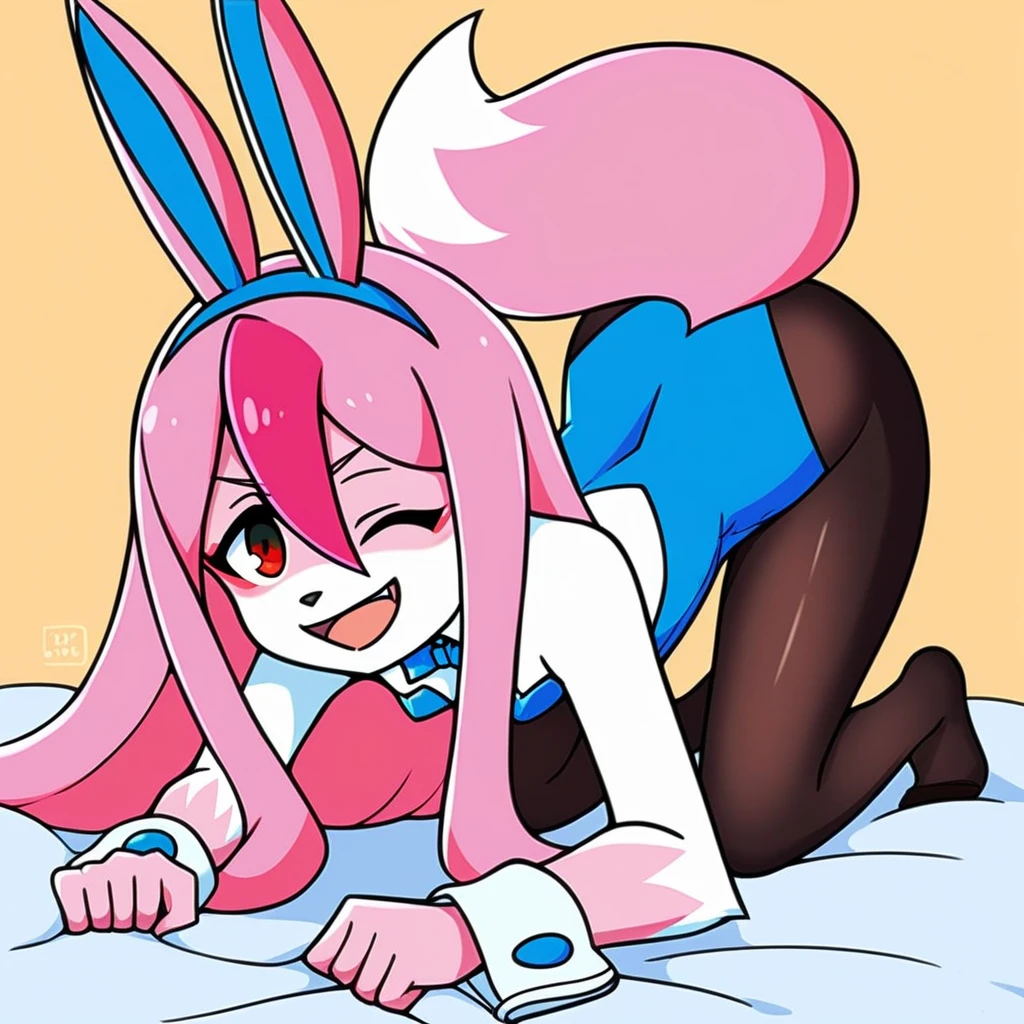 score_9,score_8_up,score_7_up, source_anime, kemono style, Anthro, Sylveon Pokemon male, short pink hair, snout, white eyes, blue sclera, feminine, femboy, twink, naked, wearing pink thigh high socks, pink bra, seductive, sex, doggystyle sex, he is getting fucked by faceless human male, ahegao, on all fours, human male is cropped out, side view