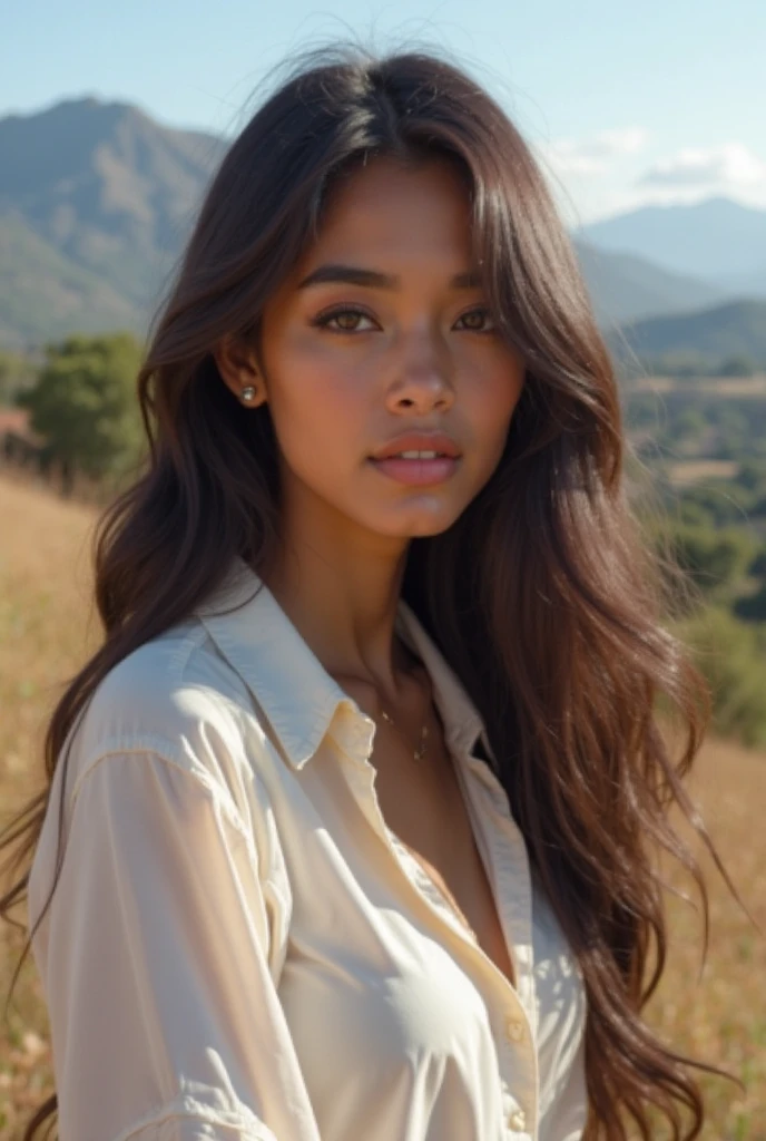 8k, RAW photo, best quality, ultra high resolution, photorealistic, realistic photo of skinny young woman, (skinny young woman), in the prarie, (prarie), (one person on the photo), photo from the side, wearing native american costume, (native american costume), (tanned skin), long straight hair, black hair, looking at viewer, smirking, (extremely detailed CG unity 8k wallpaper), 8k uhd, dslr, bright lighting, high quality, film grain, Fujifilm XT3 sharp focus, f 5.6, High Detail, Sharp focus, (natural bright light)