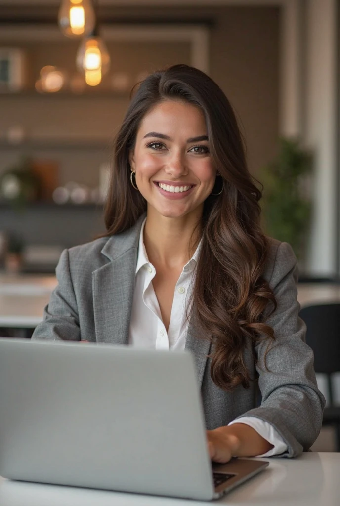 Beautiful Colombian woman full body photo sitting checking laptop in an airport while smiling 
 