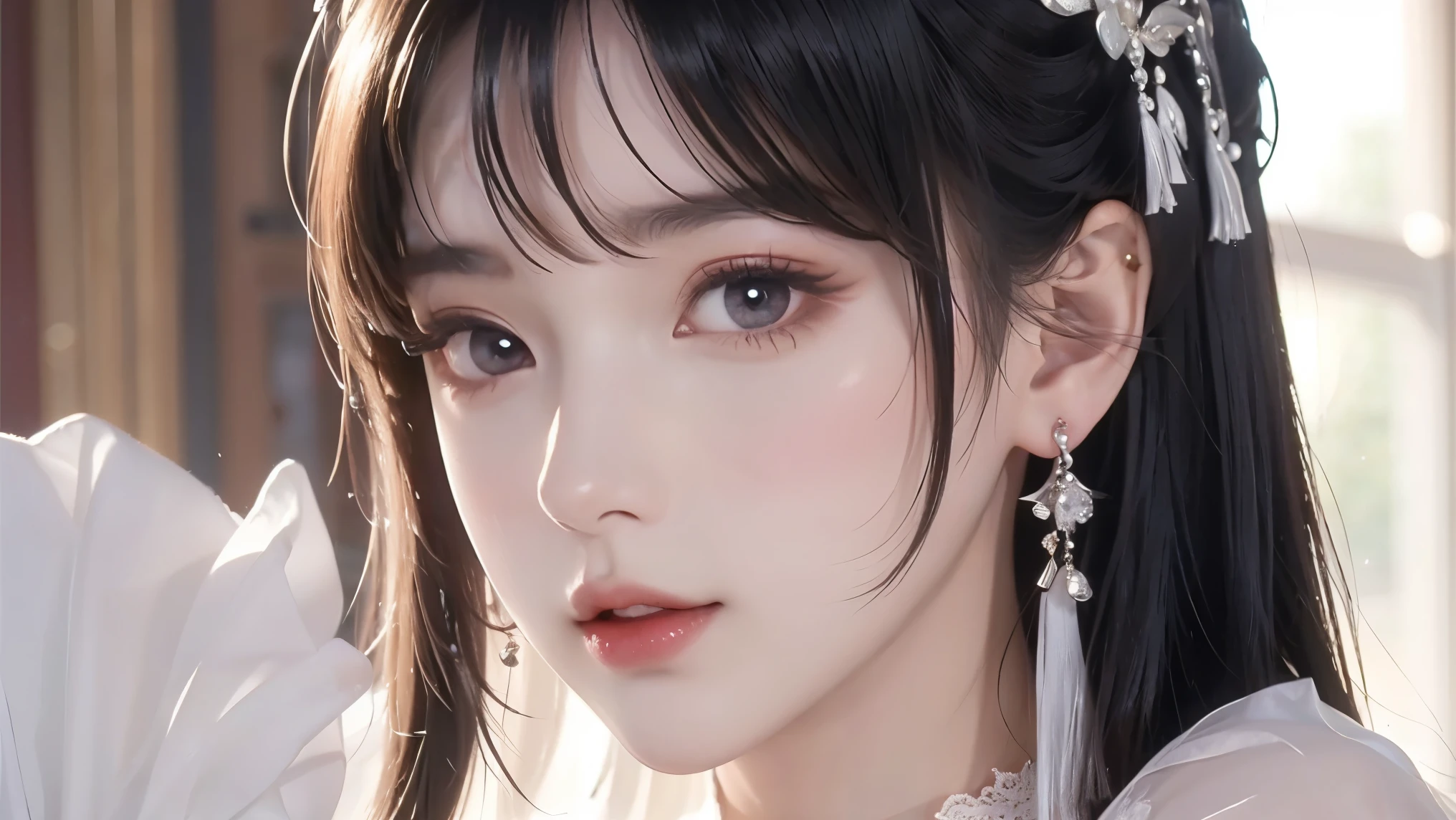 Realistic: 1.3, masterpiece, highest quality, high resolution, Details: 1.2, 1 girl, Hairpin, pretty face, Delicate Eyes, Tassel Earrings, necklace, ribbon, Elegant posture , aesthetics, movie lighting, ray tracing, depth of field, Layering, thump, Lace Full Body , One Foot White Pantyhose , one foot in black stockings