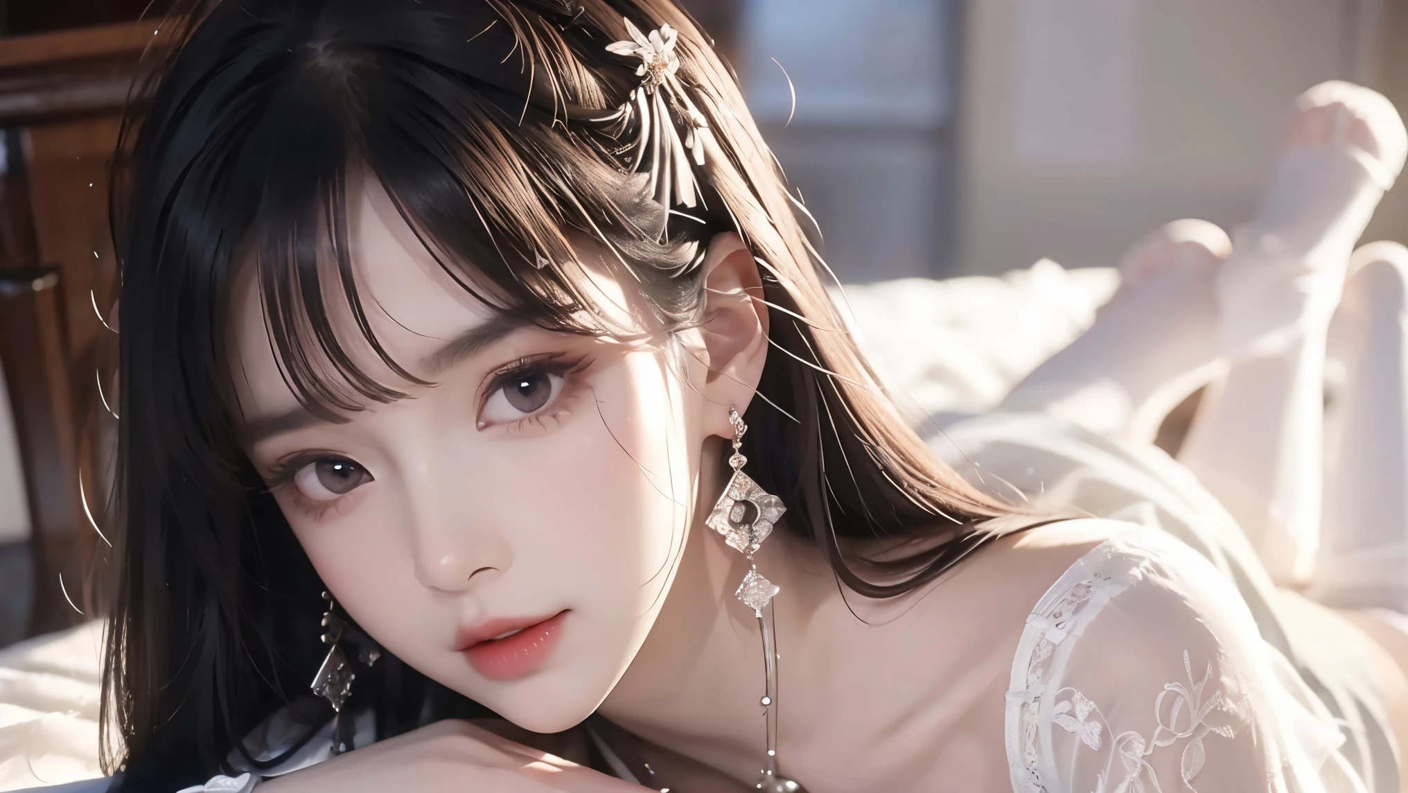 Realistic: 1.3, masterpiece, highest quality, high resolution, Details: 1.2, 1 girl, Hairpin, pretty face, Delicate Eyes, Tassel Earrings, necklace, ribbon, Elegant posture , aesthetics, movie lighting, ray tracing, depth of field, Layering, thump, Lace Full Body , One Foot White Pantyhose , one foot in black stockings