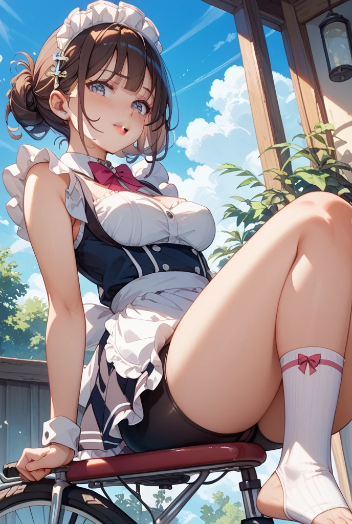 (((masterpiece, Highest quality, High resolution, 超High resolution, Perfect Pixel, Depth of written boundary, 4K, RTTX 10.0))), Beautiful Anime Woman, Beautiful art style, Anime characters, ((Smooth texture, Realistic texture, Anime CG Style)), Exact finger count、Exact number of legs、(Exact number of arms:1.0, Exact number of hands:1.0), (Perfect hands, Perfect Anatomy), Cinematic, Realistic, Extremely detailed CG, Daytime lighting, Perfect lighting, Best Shadow, The best natural light, whole body, Perfect body, Slender body, ((bangs, Dark reddish brown hair, Stylish and cute ponytail hairstyles), Long Hair), (Detailed face, Cute Face), (A grown woman standing with her own hand lifting up her skirt:1.7), (black and white maid outfit, Maid clothes with ruffles and lace, pumps:1.3)、Angle from the front, ((セクシーでかわいいMagenta and white striped panties:1.3), (Glossy satin panties, Side-tie panties, Lace panties:1.3), (Magenta and white striped panties, lace garter belt, Garter Strings, Knee socks:1.3)), (Beautiful big boobs:0.9), (Beautiful and thin thighs:1.3), Feeling embarrassed, (blush:1.2), (Very embarrassed look:1.5), (maid Cafe, Tables and chairs, Many male customers in the background, The male customers are chatting:1.4)