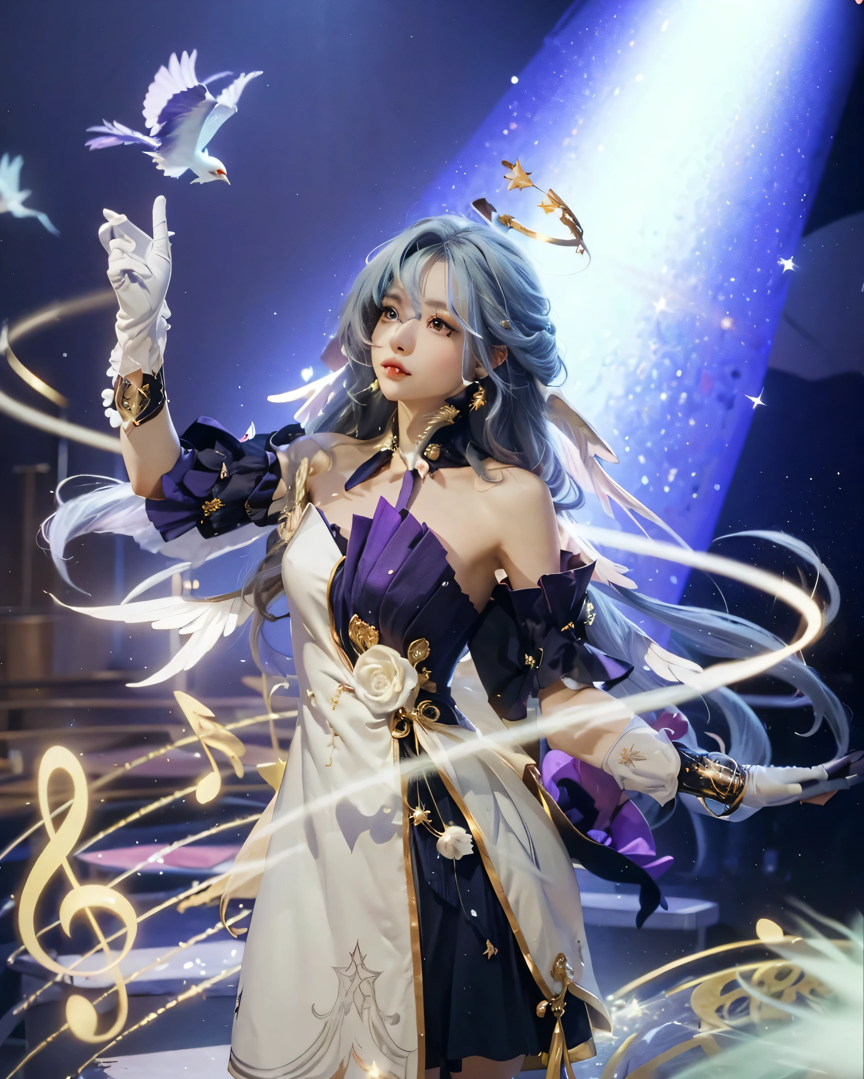 ((ROBIN_HONKAI STAR RAIL),((realistic, photorealistic)),(highlight hair)), Light reflection, (( HD )),((upper body)), (((best quality, masterpiece))), (masterpiece) (best quality) (detail) (8k) (HDR) (wallpaper) (cinematic lighting) (sharp focuasterpiece, best quality: 1.1), Real life adaption of this character, Asian beauty face, Shining Purple eyes, realistic outfit, realistic shadow, realistic light, realism, hyper realistic, realistic background,(photorealistic:1.2), (masterpiece, top quality, best quality, beautiful and aesthetic:1.2),(8k, best quality, masterpiece:1.2), (((masterpiece))),(((best quality))),(((extremely detailed))),who, (masterpiece, top quality, best quality, beautiful and aesthetic:1.2),(8k, best quality, masterpiece:1.2), ((masterpiece,best quality)), 1girl,robin_\(honkai:_star_rail\),head_wings,bare_shoulders,white_gloves,detached_sleeves,strapless_dress,white_dress,short_sleeves,white_pantyhose, robin, head wings, halo, white gloves, pearl bracelet, Building background, flowing hair, glowing lines, song notes, Little white blue bird, cowboy shot, singing, music, reaching towards viewer, foreshortening, simple background,Realistic hair at the back,White gloves,Concert light background,straight light,blinks(Perfect hands perfect anatomy)