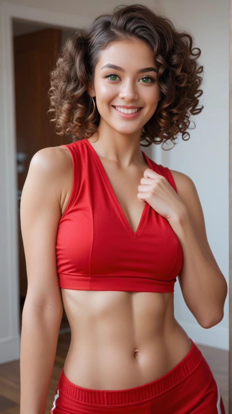 Dannii Minogue wearing cropped sweatshirt and high thong in solid colors and smiling