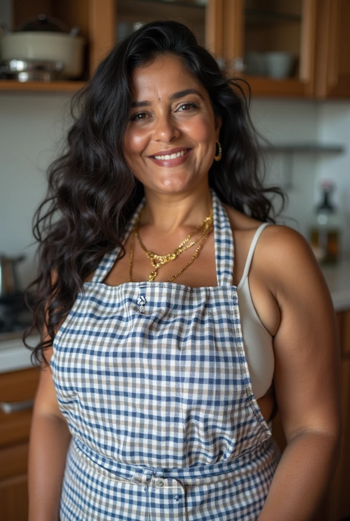 An indian women chubby between 35 and 40 wearing a cotton nighty which is sleeveless and low neck and without a bra folding in front and doing some work 