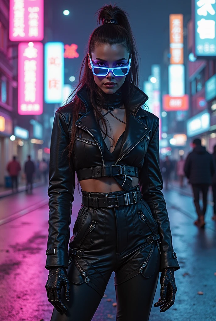 (Medium shot, upper body portrait:1.5) photo of a happy 24 year old Uzbekistan woman with (Blue eyes), light skin, Medium natural (brown hair:1.3). She is young, athletic with (medium breasts:1.3), (perfect hands).
Photo in the (style of Blade Runner:1.3). She is wearing Coral lace cropped jacket and booty shorts with cyberpunk straps, high heel boots. She is walking along a sidewalk in a futuristic cyberpunk dystopian city, neon lights, neon signs, monolithic skyscrapers and people in the background. Science fiction futuristic (cyberpunk style:1.5). Outside, evening, (dark, gloomy:1.5) and foggy, detailed skin texture, detailed cloth texture, beautiful detailed perfect face, intricate sharp details, ultra high res.