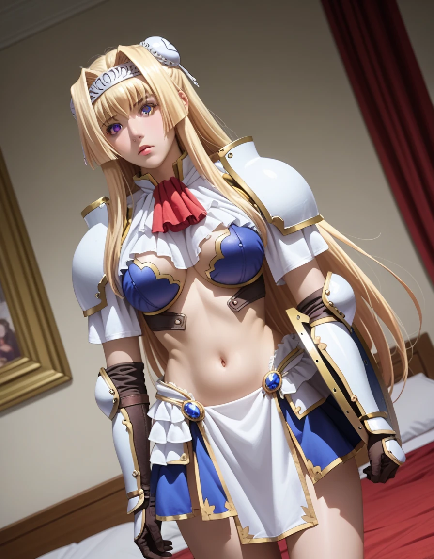 (Night:1.7), a jail cell with bars and a light shining through the bars on the floor and walls,as Background,
Standing at attention,
armor, gauntlets, wearing a blue outfit ,a red scarf with a bow around her neck, (Deep_cleavage), boots,greaves,thighhighs,navel,skirt,
<lora:more_details:0.1>,<lora:Alicia_Arcturus_Kuroinu-KK77-V2:0.7>,
blonde_long_hair, blue_eyes,hairband,Bangs,
1 girl, 20yo,Young female,Beautiful Finger,Beautiful long legs,Beautiful body,Beautiful Nose,Beautiful character design, perfect eyes, perfect face,expressive eyes,
looking at viewer, in the center of the image,(Upper_body),(Focus on her face),
official art,extremely detailed CG unity 8k wallpaper, perfect lighting,Colorful, Bright_Front_face_Lighting,shiny skin,
(masterpiece:1.0),(best_quality:1.0), ultra high res,4K,ultra-detailed,
photography, 8K, HDR, highres, absurdres:1.2, Kodak portra 400, film grain, blurry background, bokeh:1.2, lens flare, (vibrant_color:1.2)
(Beautiful,large_Breasts:1.4), (beautiful_face:1.5),(narrow_waist),