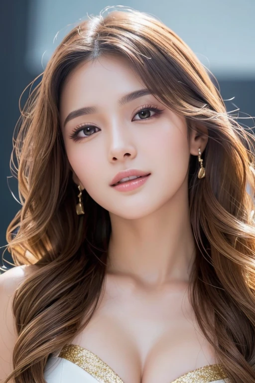Best quality, masterpiece, high resolution, 1girl, clear silk porcelain dress, beautiful face, hair accessories, looking at the audience, smiling, close your mouth, lips, dress, hair accessories, necklaces, jewelry, long hair, earrings, beautiful face, on the body, Tindal effect, realism, dark studio, edge lighting, two-tone lighting, (high detail skin: 1.2), 8k UHD, DSLR, soft light, high quality, volumetric lighting, photo, high resolution 4K, 8k, blurred background