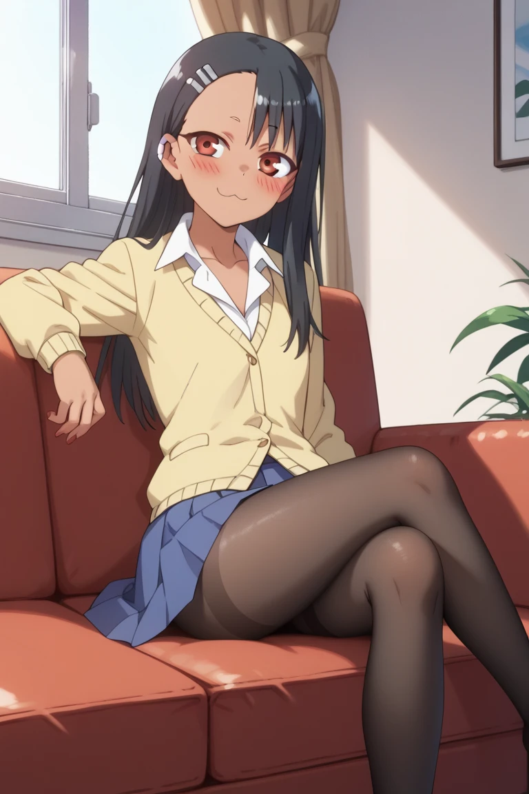hayase nagatoro ,blushed,school uniform ,black pantyhose ,sitting on an armchair  