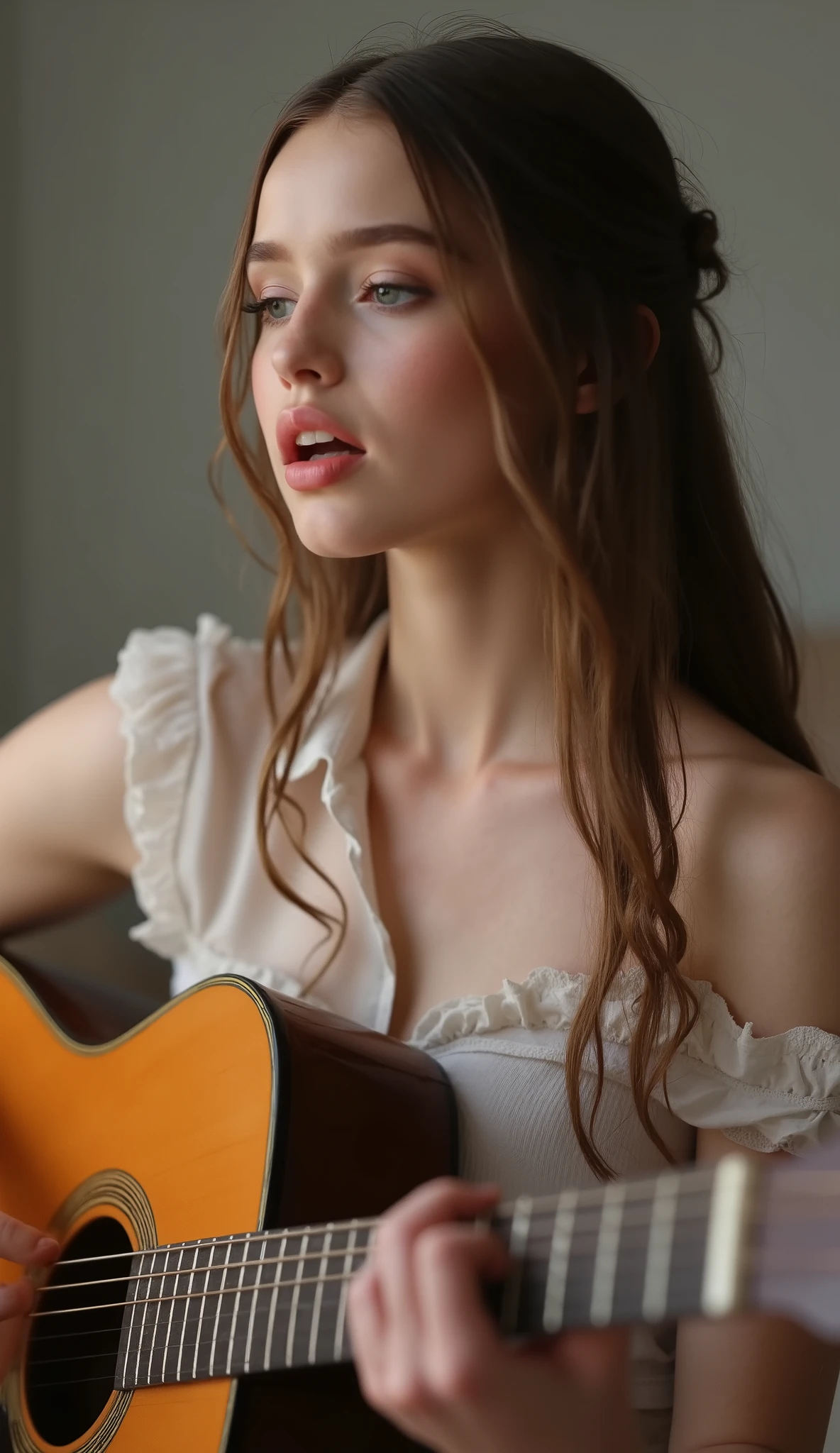 a pretty girl is singing and playing guitar, half body, eyes open