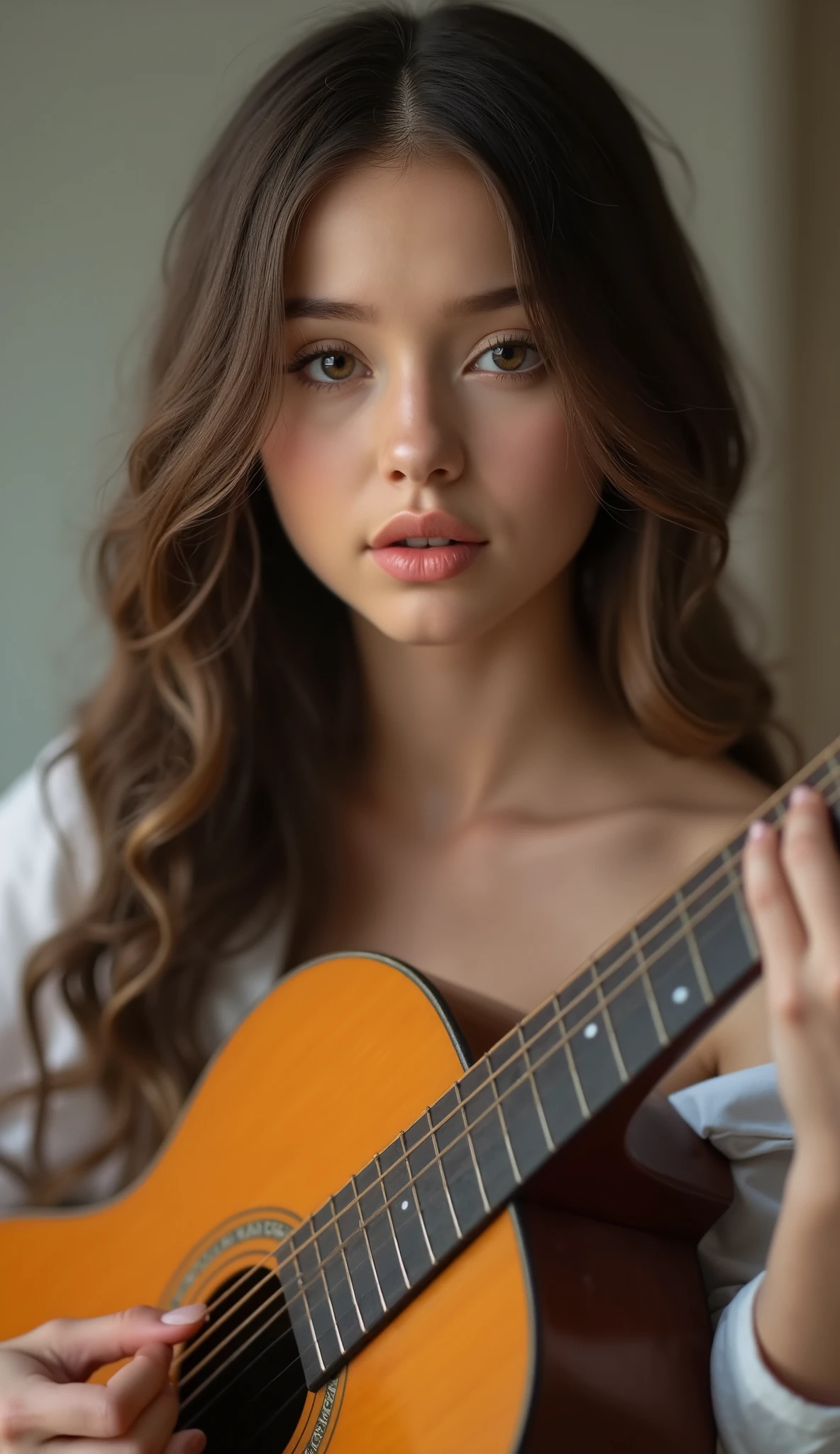 a pretty girl is singing and playing guitar, half body, eyes open