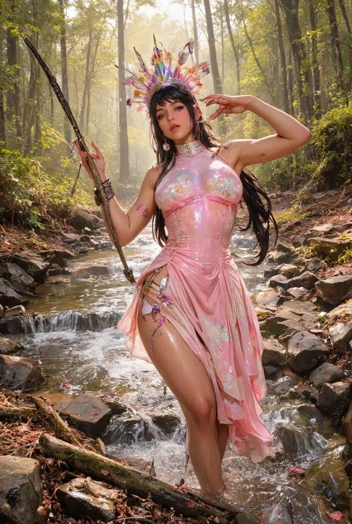My big gorgeous 2 wife's POV from behind the shoulder in transparent pink loose clothes looking so sexy,1 personality,clean skin, smiling face,tall,long black hair flowen hairstyle,pink lips(waterfall raining scenary) realistic texture