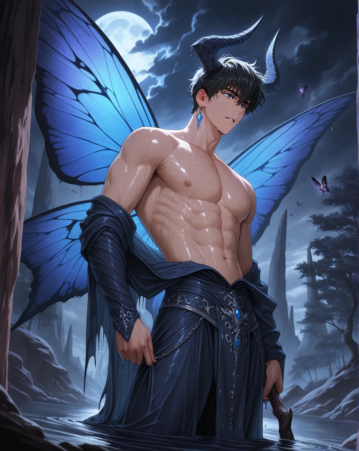 A dragon hybrid boy with green dragon wings and tail and brown horns