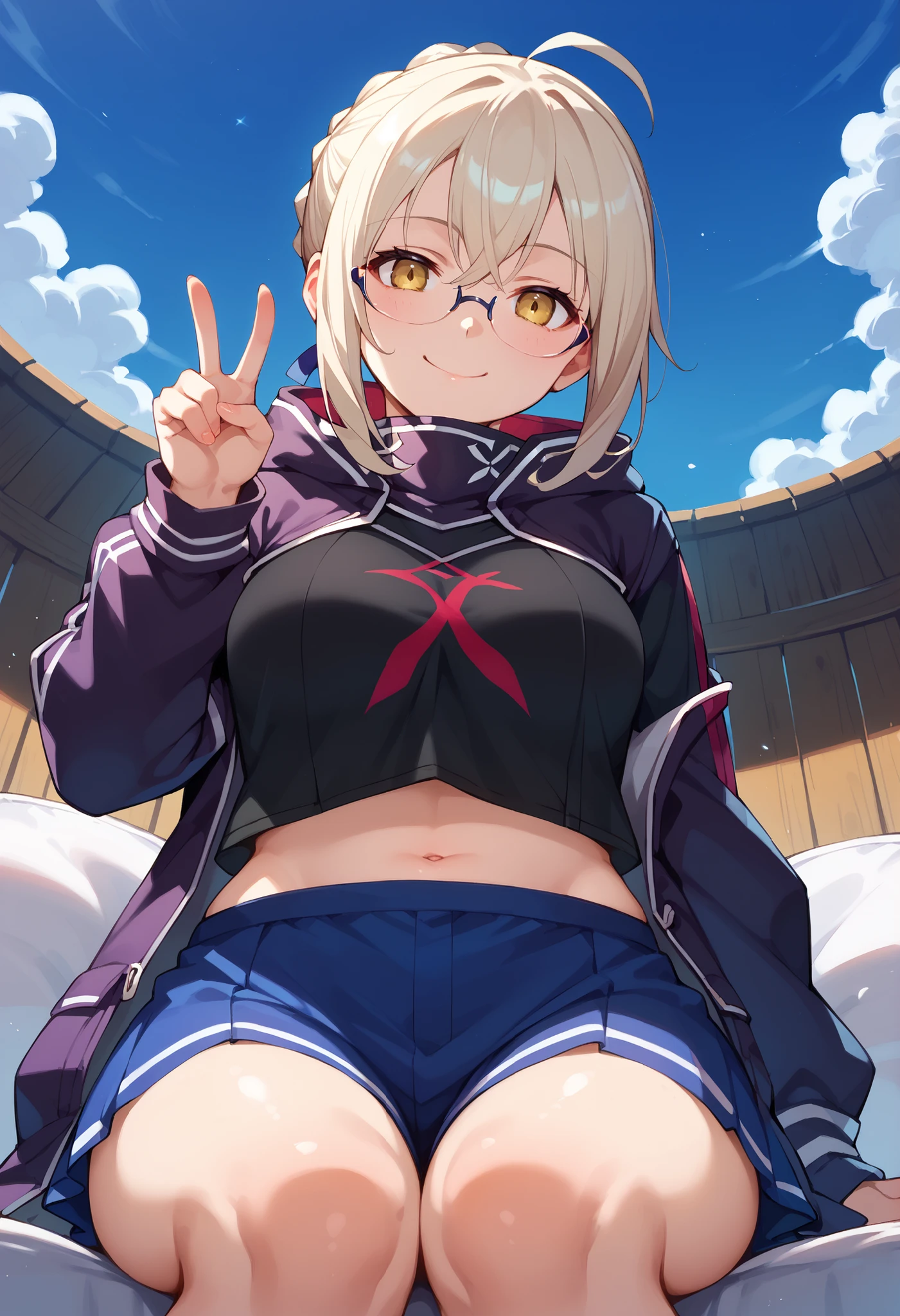 ((NSFW,Jacket being taken off)),beautiful, masterpiece, Highest quality, Hello,One Girl, Look at the viewers, Wet skin,Leg spread,smile,Sweat,Messy hairstyle,sunlight shines in,Are sleeping,Tattoo,Glasses,headphone,Game room,Blonde,Long Hair