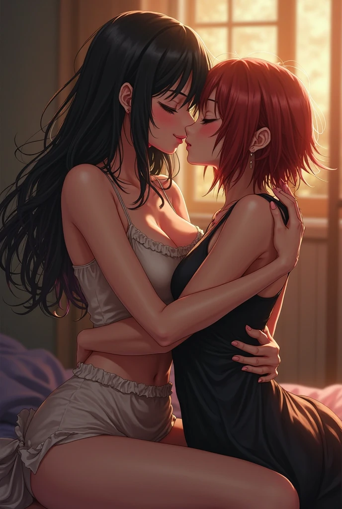 Two beautiful young women, Anime Style, Detailed face, Redhead, Red eyes, Delicate features, Soft lighting, Dress casually, Embrace each other, Intimate pose, One touches the other's face gently, Sit on a cozy sofa, Warm and cozy living room, Relaxed affection, Dynamic pose, Japanese Anime Style, high quality, Very detailed, 8K resolution, Cinema Lighting, 最high quality, Vibrant colors, Instagrammable, beautiful, trend