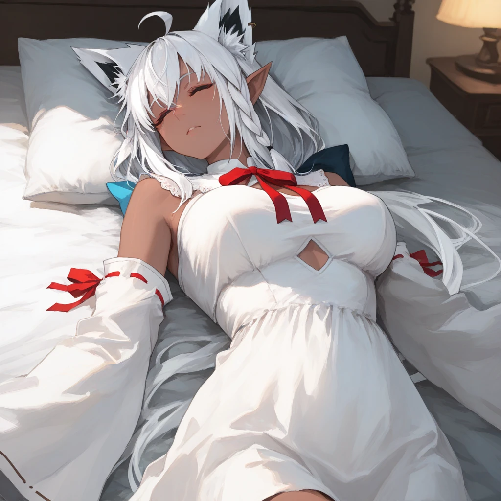 A white-haired, red-eyed, cat-eared woman lying naked on the bed