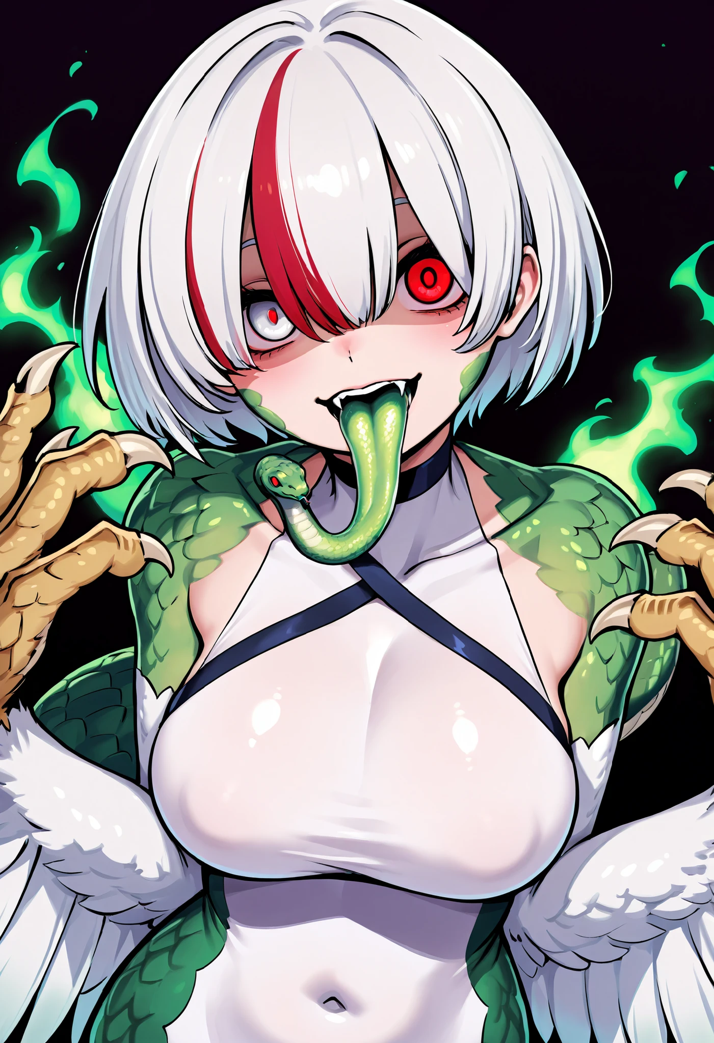 Harpie girl. Cockatrice. White hair. Short hair. Red bangs. One eye hidden. Yandere eyes. Snake eyes. Snake tongue. Breasts covered in scales. White feathers. Wing arms. Claws. Green snake tail. Poison aura.
