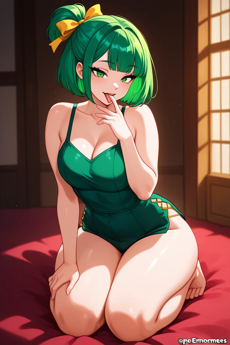 Super beautiful green short hair girl, defined body, Wide hips, , thin waist, big butt, looking at the viewer, green bodycon mini dress, sex pov, excited face, flushed 