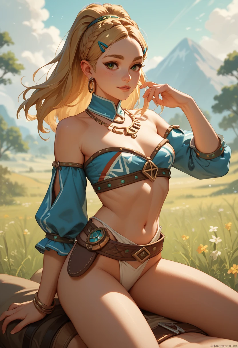 flat chests, nsfw, masterpiece, 1 girl, erect nipples, intricately detailed, topless, navel, bare shoulders, necklace, blonde hair, embarrassed, scottish skirt, leather belt, mountainous horizon, mountains, lake, blue sky, extremely detailed, photorealistic, octane render, 8 k, unreal engine, bare breasts, nipples, aqua eyes, carrying spear, bare stomach, sweaty, moist breath, child, arm strap, 1 side braid, tartan, petite body
