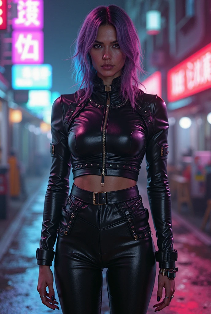 (score_9, score_8_up, score_7_up, score_6_up, score_5_up, score_4_up, realistic style, photo, photorealistic, high detail, sharp), cyberpunk style photo, portrait of a beautiful cyberpunk girl, multi-colored tousled hair, slim figure, magnificent breasts, leather vest with metal inserts, black gloves, short leather shorts, metal exoskeleton, night lighting, ((against the background of the night city)), Night City, (looking at the viewer)tag1, tag2