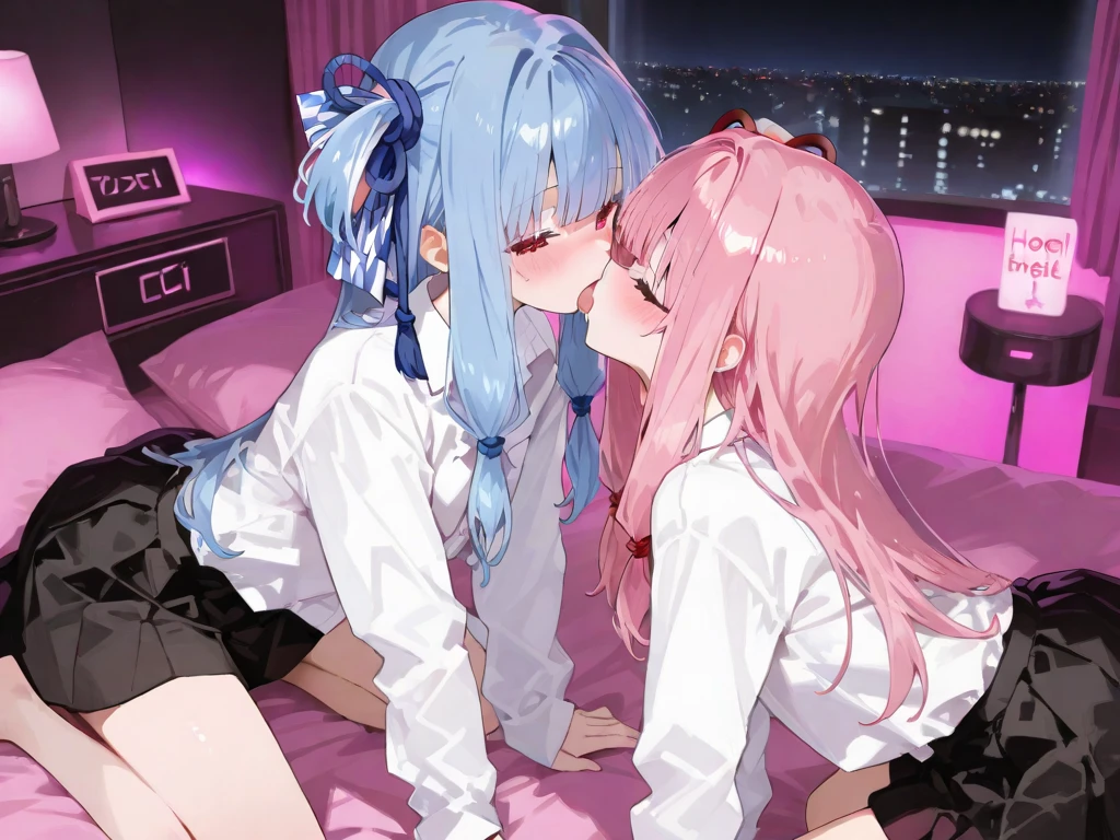 hoshino (blue archive), shiroko (blue archive), Two sisters hugging and kissing each other lovingly in bedroom anime. Saliva trail hot breath.