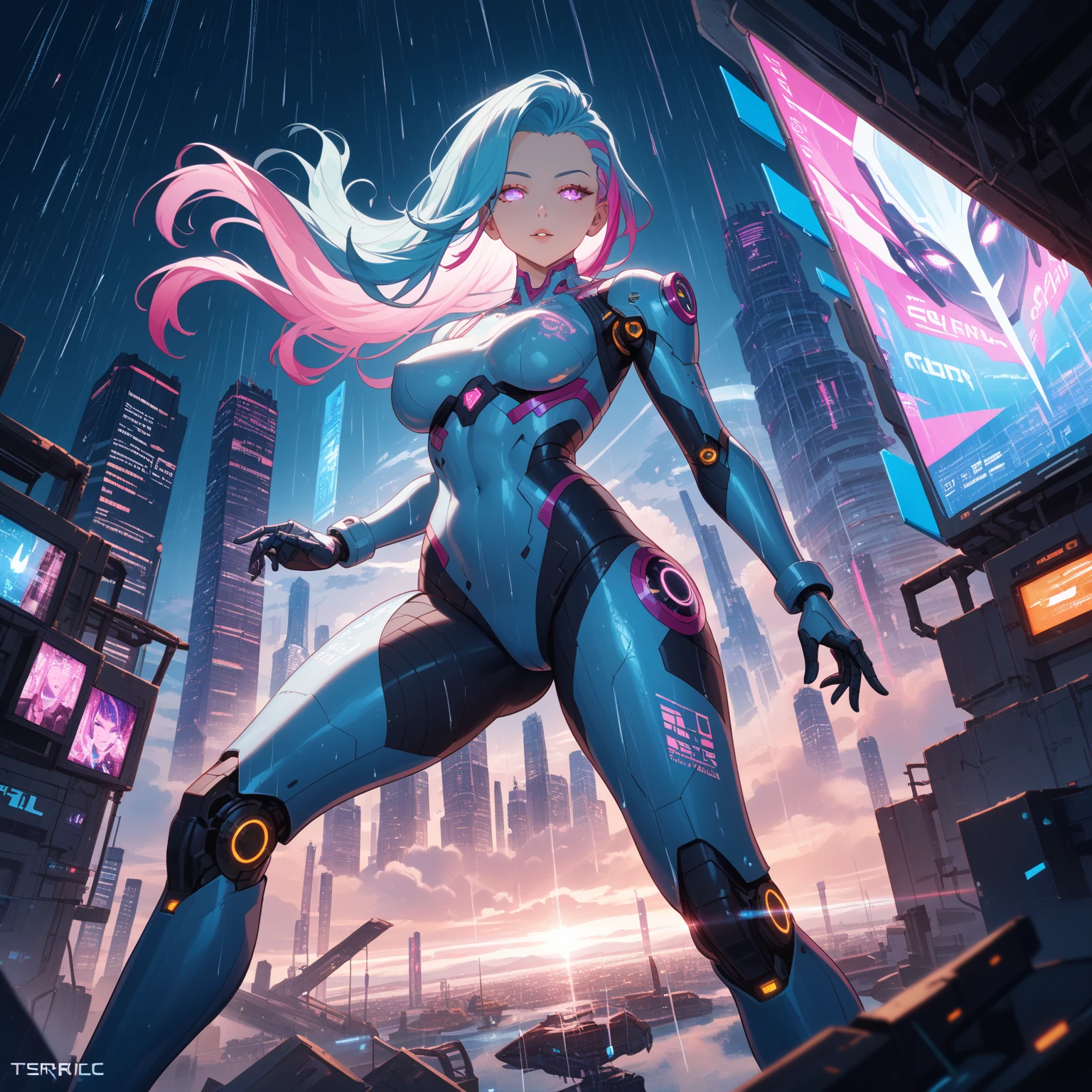 8K ultra detailed sci-fi anime style, futuristic Neo-Tokyo skyline with holographic advertisements, cybernetic bishoujo characters with neon-colored hair and glowing circuit patterns on skin phasing through digital dimensional rift, sleek form-fitting techno-suits with illuminated panel details, translucent digital interfaces floating around beautiful female figures, augmented eyes with data visualization reflections, cyberspace particles forming around dimensional breach, perfect rule of thirds composition with leading lines from skyscrapers, rain-slicked streets reflecting neon lights, advanced technological details on character accessories and weapons, dramatic cyberpunk lighting with blue and magenta highlights on glossy surfaces, incredibly detailed mechanical parts with weathered metal textures, digital glitch effects where reality meets virtual world, high-tech transparent visors displaying data, dynamic action poses showing technological grace, flowing hair defying gravity with perfect strand detail, advanced city background with flying vehicles and robot assistants, electric color palette with deep teals and hot magentas