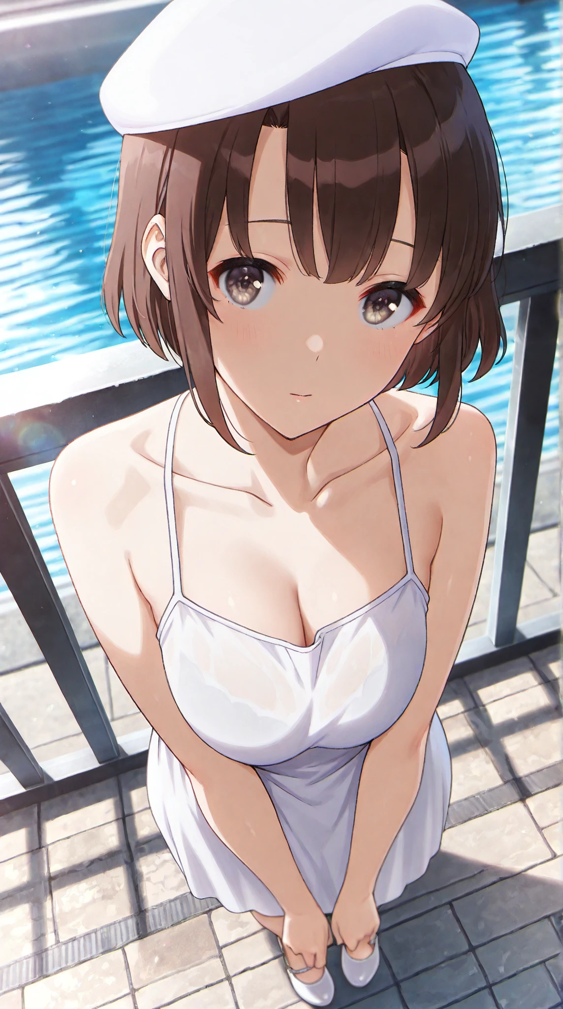 in poolside,Wet Dress Competition Swimwear,Competition Swimsuit Slip,School swim wear,wetted skin,Wet face,(Glossy light brown and orange two-tone wavy short-cut hair),(wet and disheveled hair),Cute round face red lipstick,A cute smile that makes the viewer happy,large full breasts,Leaning forward from the pool,Bold sexy poses,Digital Illustration,(natural soft light),(Sunlight),(Professional Lighting),(Photorealsitic:1.3),(Raw photo.),(masutepiece,top-quality,Ultra-high resolution output image,) (The 8k quality,),(Image Mode Ultra HD),(Shinkai Makoto style:1.3),