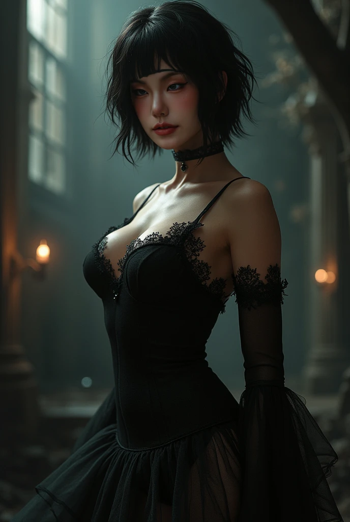 A girl、unparalleled beauty、cute face、Rush face、detailed eyes、(((vampire、Red eyes、Black lips sharp teeth expressionless)))、dark fantasy、Drifting eroticism、short bob、Elegant dresses、small breasts、Old Castle 、dark living room、Luxurious ornaments、dark lighting、dark lighting、work of art、highest quality、super resolution、Highest image quality、Super detailed、