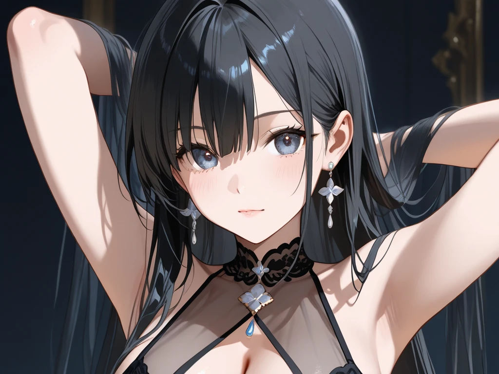 1girl, animal ears, bangs, black choker, black hair, blue eyes, blurry, cat ears, choker, closed mouth, collarbone, eyelashes, lips, long hair, looking at viewer, portrait, solo,(shiny skin),realistic,fashi-girl,milf,extremely delicate and beautiful,goddess,smile,pink lips