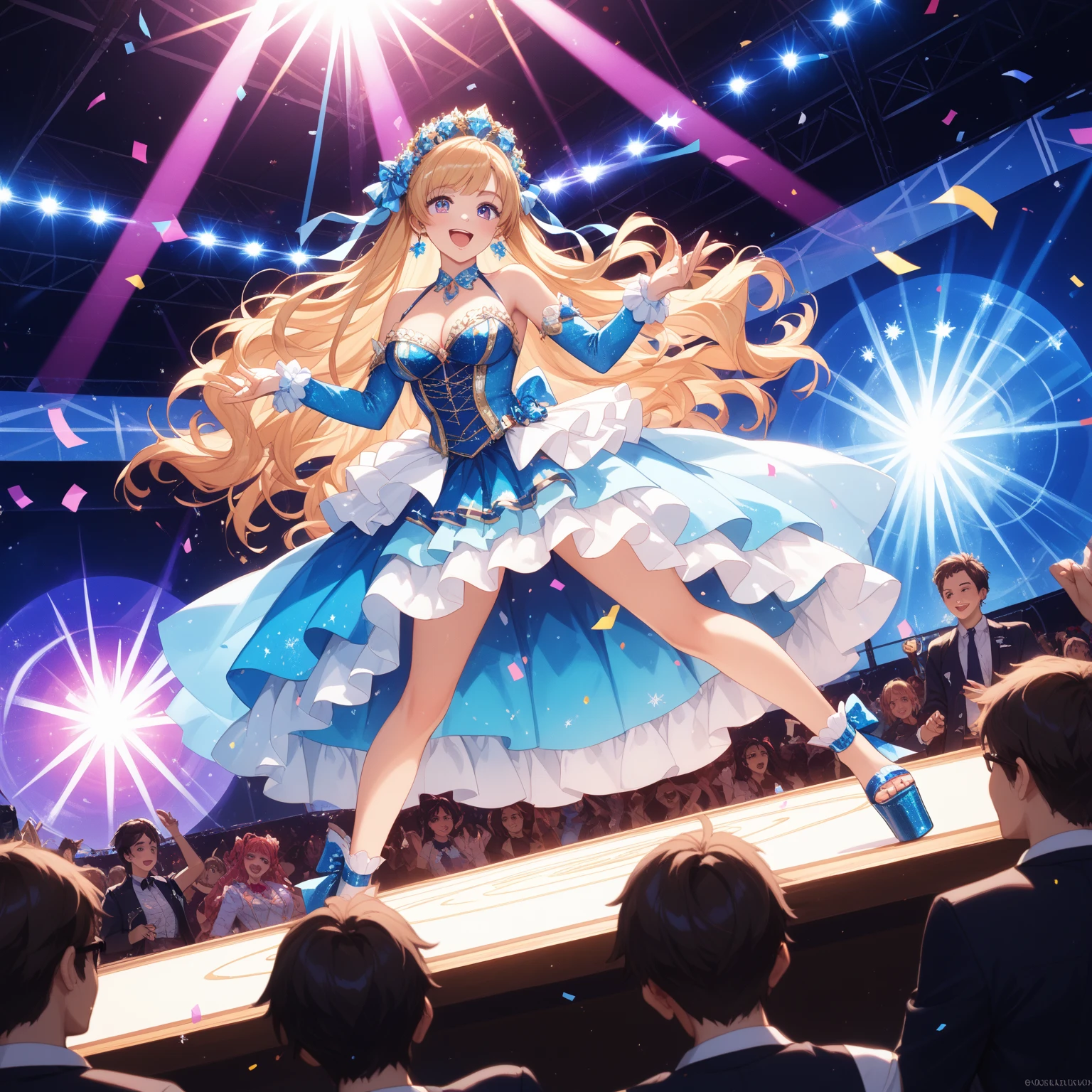 Tears of joy, (Fancy Evening Dresses), (Surprised by the award, gratitude, Jumping for joy, Joyの渦:1.5), Background is the stage, , 1girl, big bouncing busts, black choker, uhd, retina, masterpiece, ccurate, anatomically correct, textured skin, super detail, high details, high quality, best quality, highres, 4K, Oscar, audience, Joy, great joy, hug