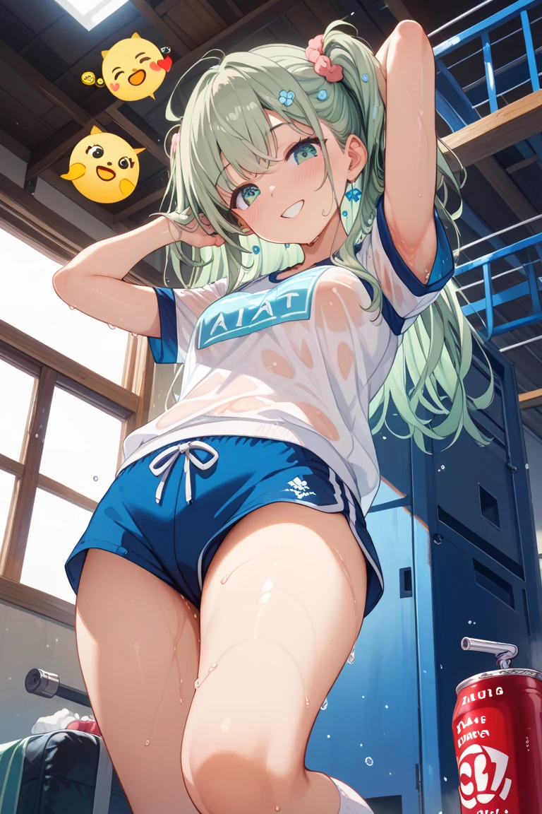 ((lize helesta,long hair,))(nsfw,),((solo girl)),((Perfect body,))((Super beautiful,))((High quality,))((Heavy breathing,sweat, Sweaty and wet all over,blush)),small breast, Looking at Viewer,(cowboy shot),half open eyes,(from below,),squatting and straddling,(Show off your crotch by opening your crotch in a crouching posture,)arms behind head,Sporty wear,
