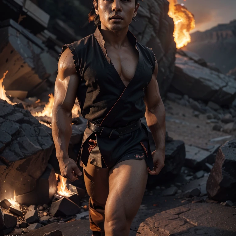 Generate an image of a young white lethwei fighter training in the snow in shorts, in the background of the landscape there is an orthodox cross