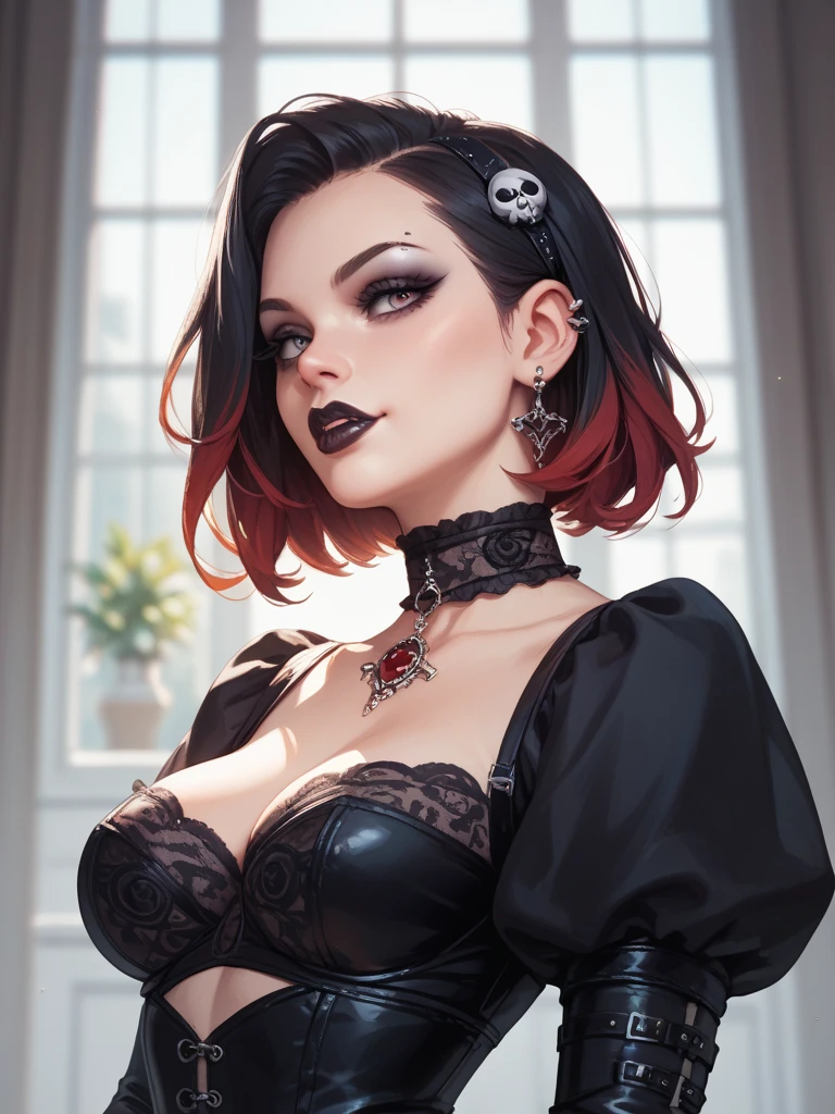 Best quality, masterpiece, super high resolution, (realism: 1.4), face tattoo of a heart, black curly hair, short hair, pale skin, bedhead, goth, happy, indoors, black lipstick