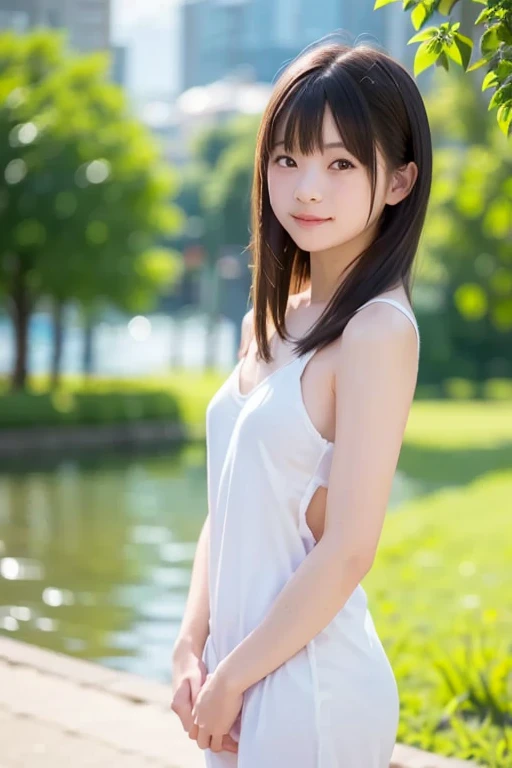 (masterpiece, Highest quality:1.4), Award-winning portraits, 8k, 85mm, alone, Beautiful Face, Delicate girl, (On the grass), Sophisticated, cute, 15 years old, RAW Photos, Confused, High resolution, Sharp focus, Background Blur、(((flat 、thin and delicate body、Childish atmosphere)))、Glossy short bob、Mole on the left cheek、 Dark blue eyes、the skirt is swaying in the wind、Hair swaying in the wind、sexy、flexible legs、naked、Angle shot from the ground