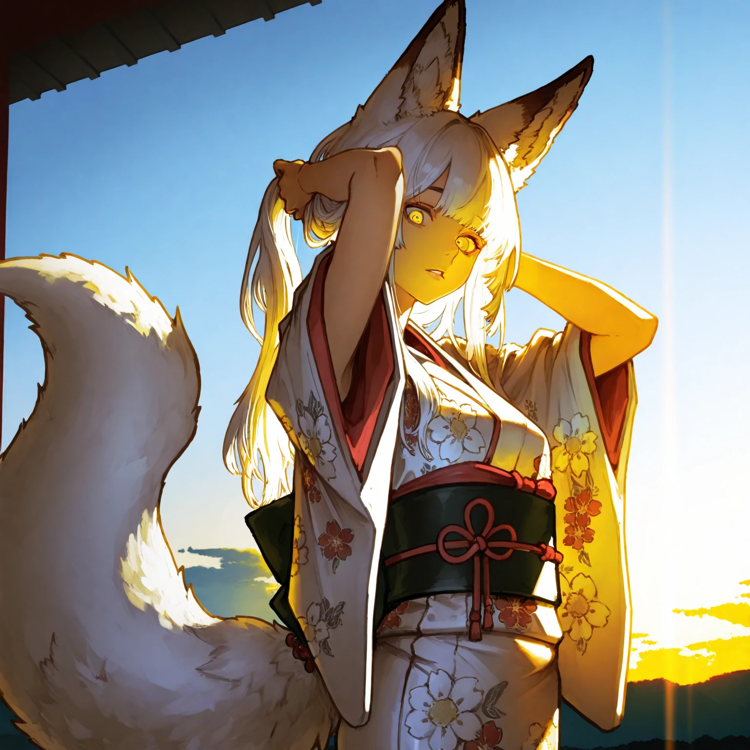 1 menina,   fox tail ,  sky, white hair, long hair, animal ears, obra-prima, yellow-eyed appearance, kitsune, parted lips, looking at the viewer, kimono,  floral print , ao ar livre, retrato, arms behind your head, adjusting hair, nuvem, volumetric lighting,