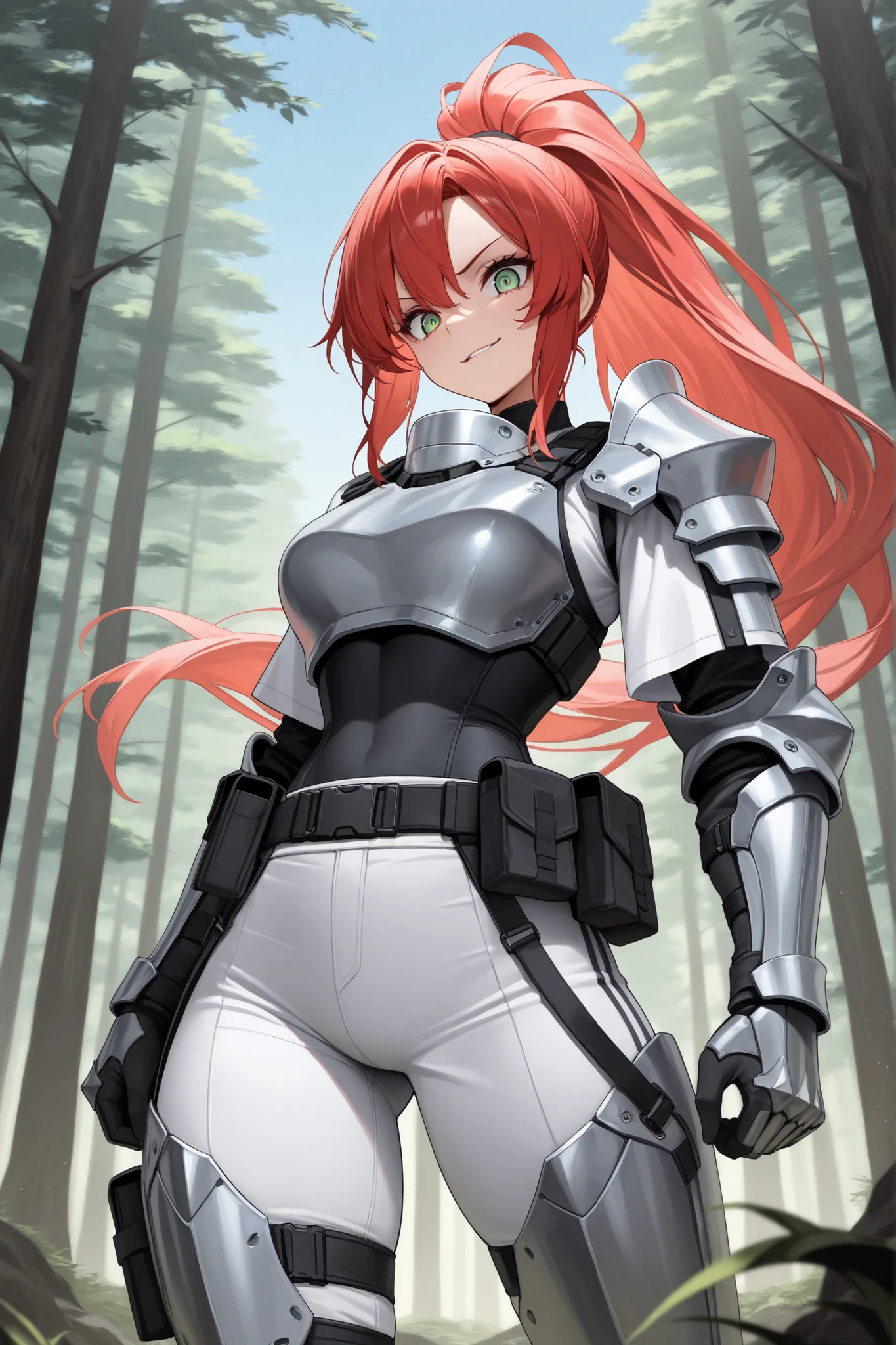 absurdres, (((Ultra HD))), (((Ultra High Quality))), ((hyper detailed)), ((Ultra High Resolution)), (Highly rendered), ((detailed eyes)), (((8K))), ((masterpiece)), solo, 1girl, tall, smirk, forest, daytime, blue sky, green eyes, red hair, ponytail, long ponytail, white shirt, tactical belt, white pants, medium breasts, silver shoulder armor, gauntlets, leg armor, chest armor