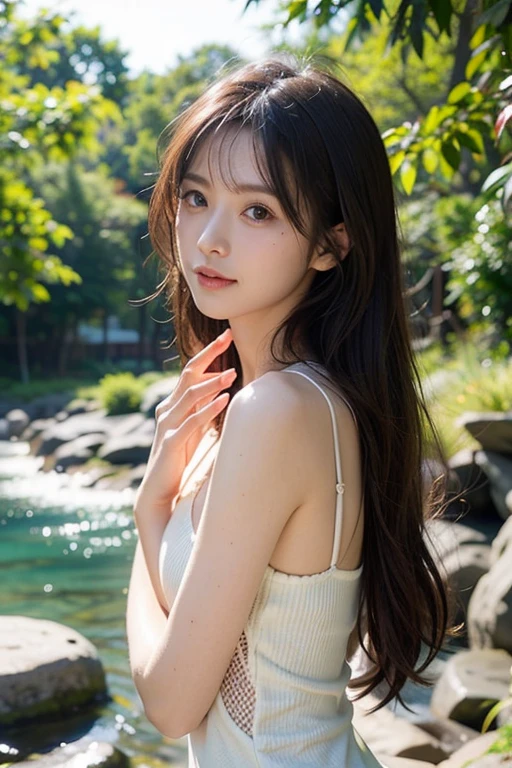 Red long curly hair,Middle-parted bangs,Green plants in background
